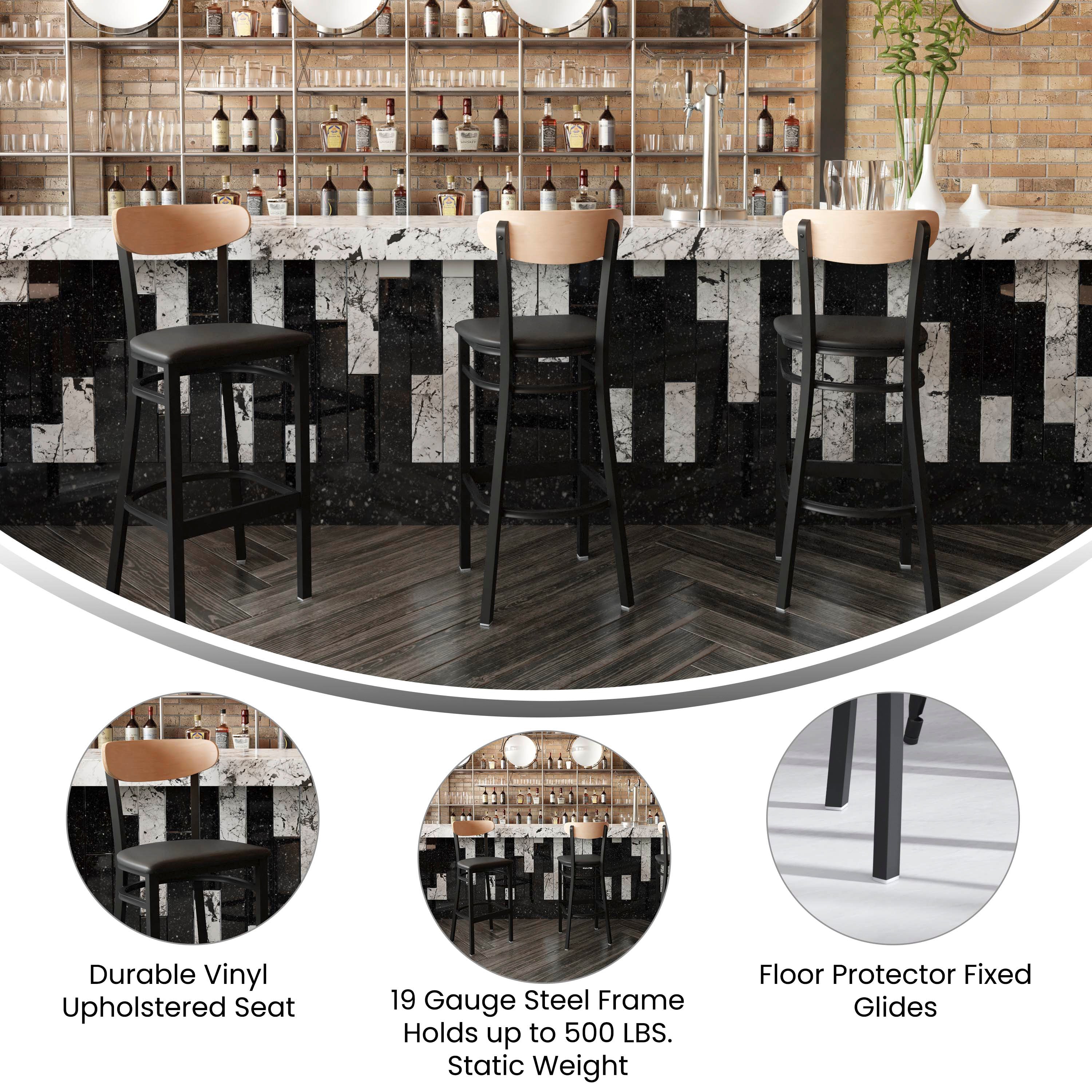 Wright Commercial Barstool with 500 LB. Capacity Black Steel Frame, Natural Birch Finish Wooden Boomerang Back, and Black Vinyl Seat