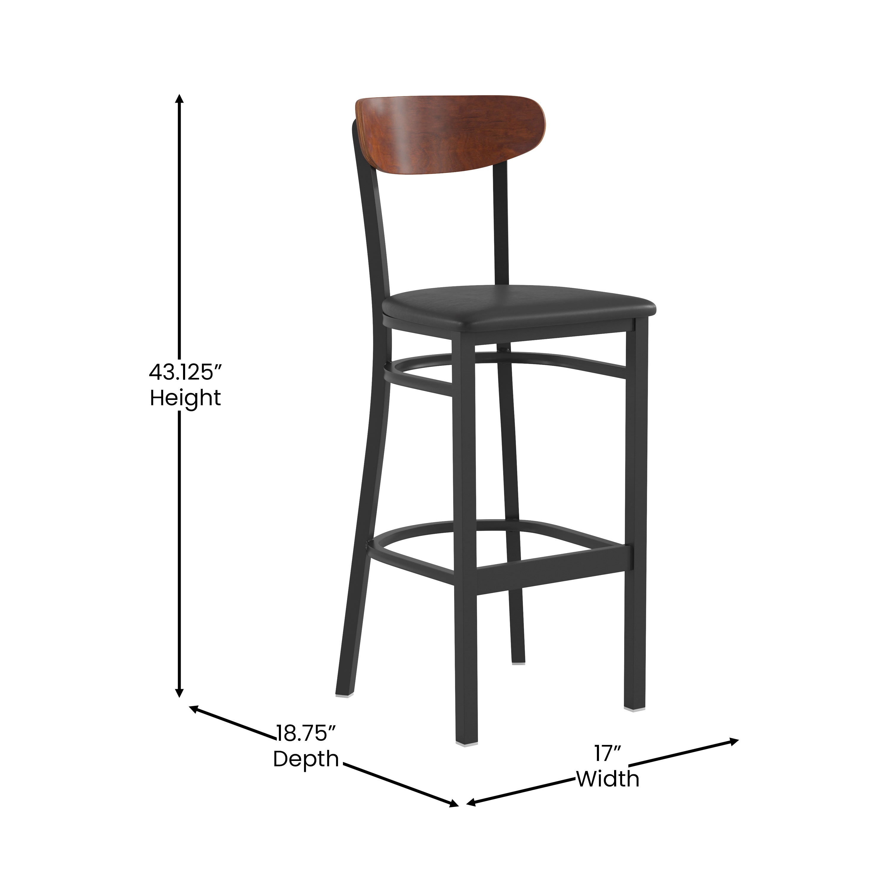 Wright Commercial Barstool with 500 LB. Capacity Black Steel Frame, Walnut Finish Wooden Boomerang Back, and Black Vinyl Seat