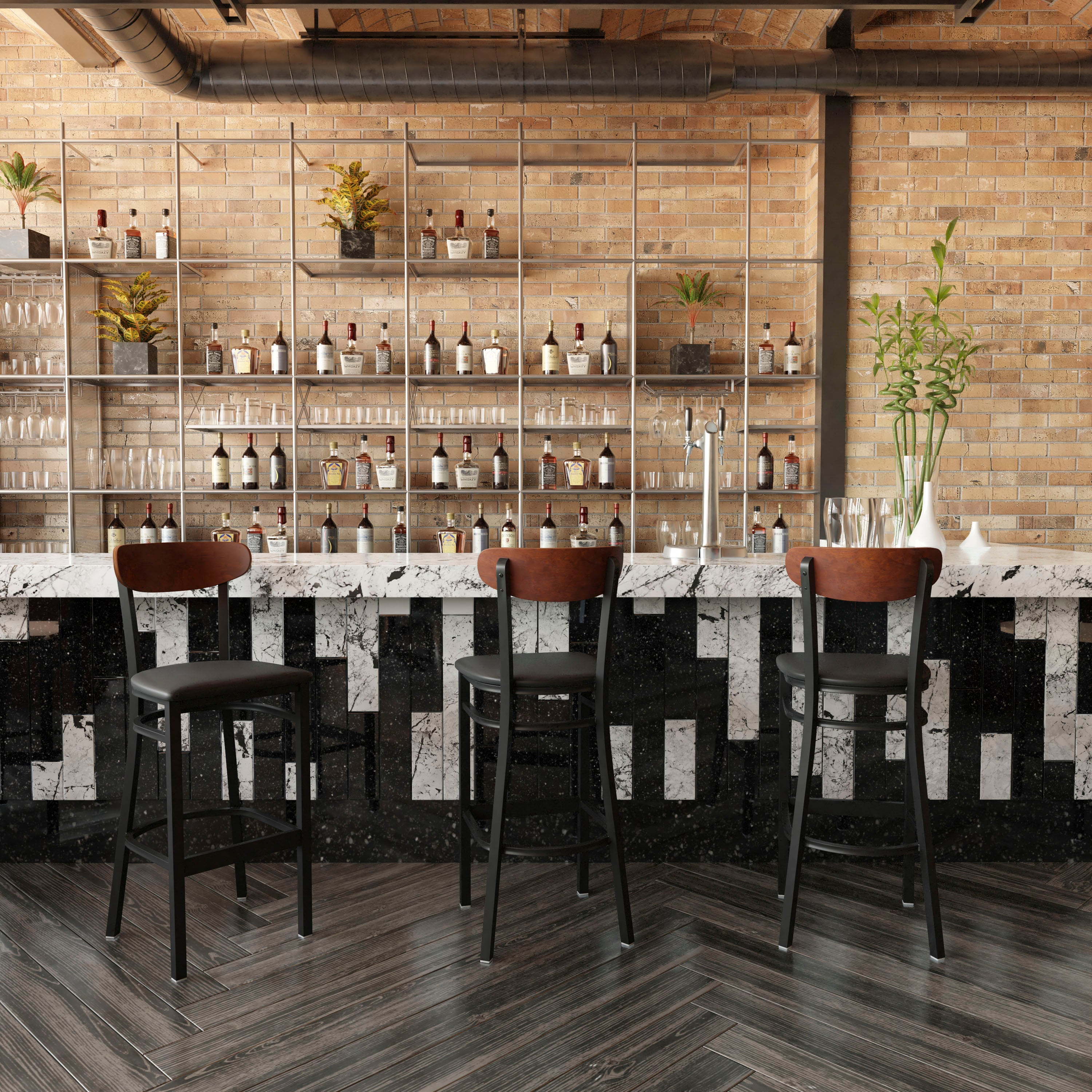 Wright Commercial Barstool with 500 LB. Capacity Black Steel Frame, Walnut Finish Wooden Boomerang Back, and Black Vinyl Seat