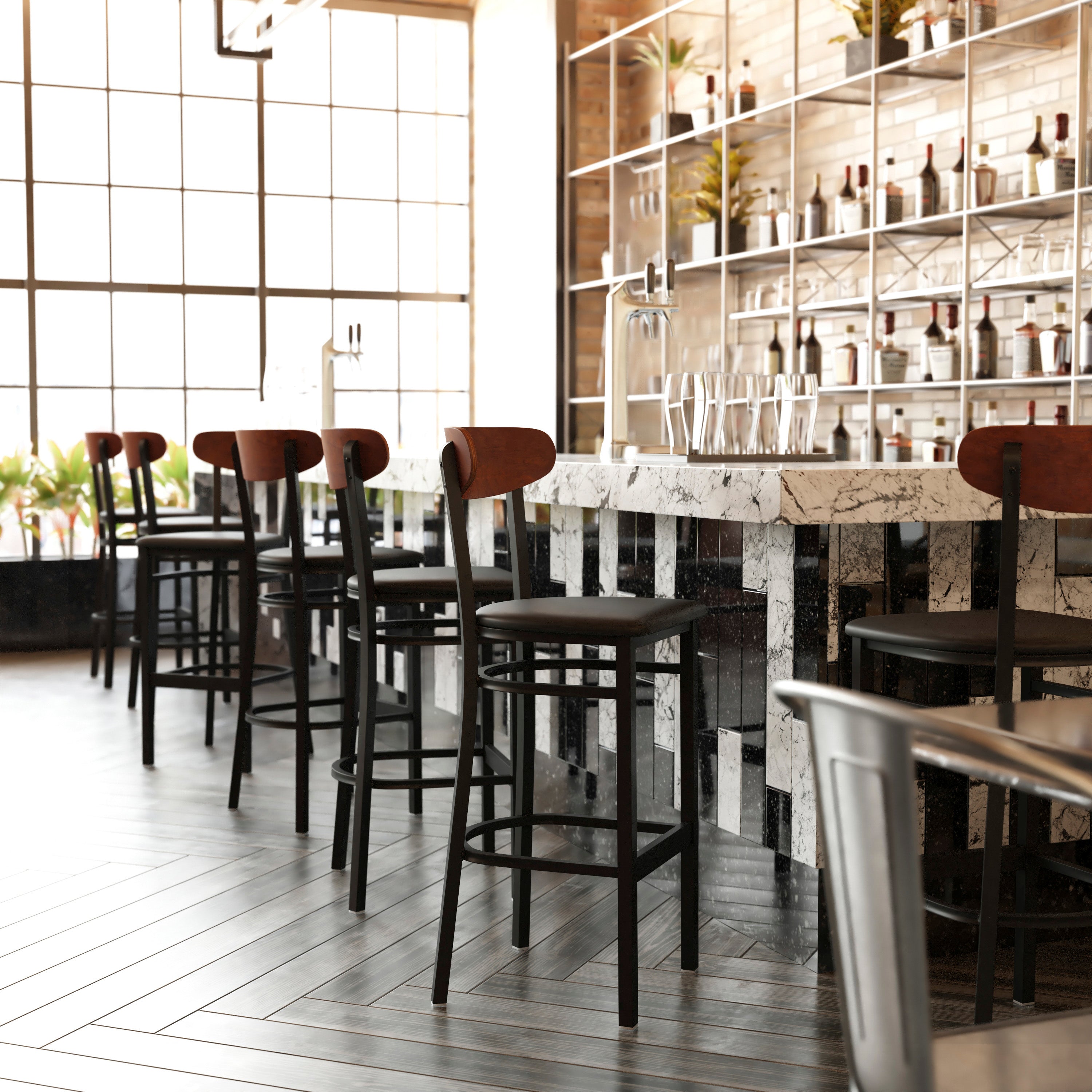 Wright Commercial Barstool with 500 LB. Capacity Black Steel Frame, Walnut Finish Wooden Boomerang Back, and Black Vinyl Seat