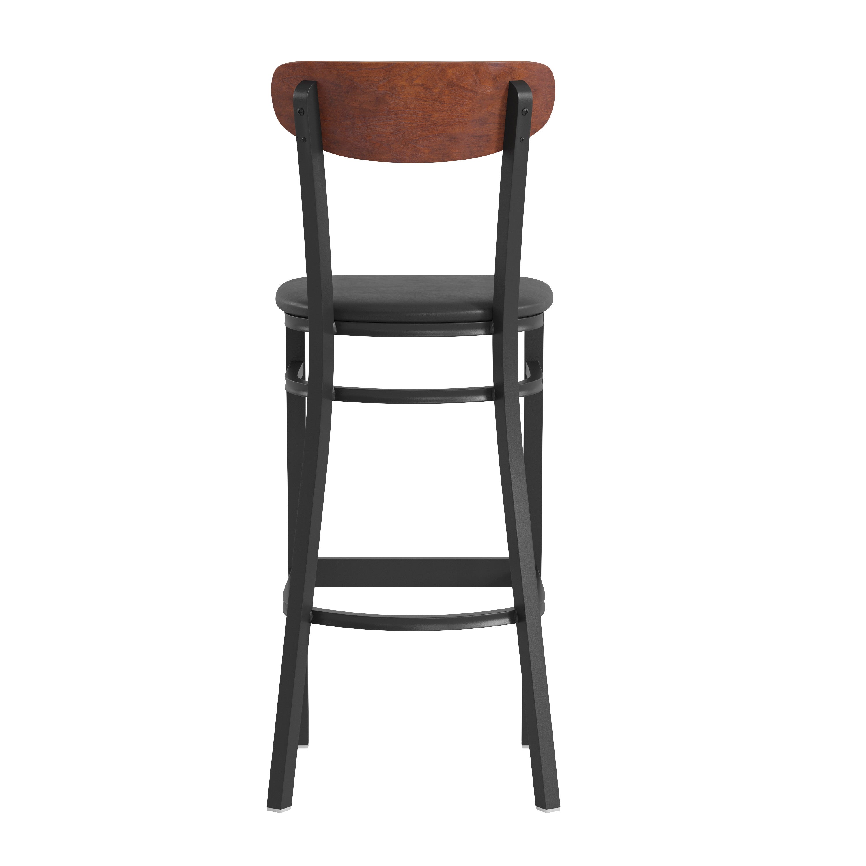 Wright Commercial Barstool with 500 LB. Capacity Black Steel Frame, Walnut Finish Wooden Boomerang Back, and Black Vinyl Seat