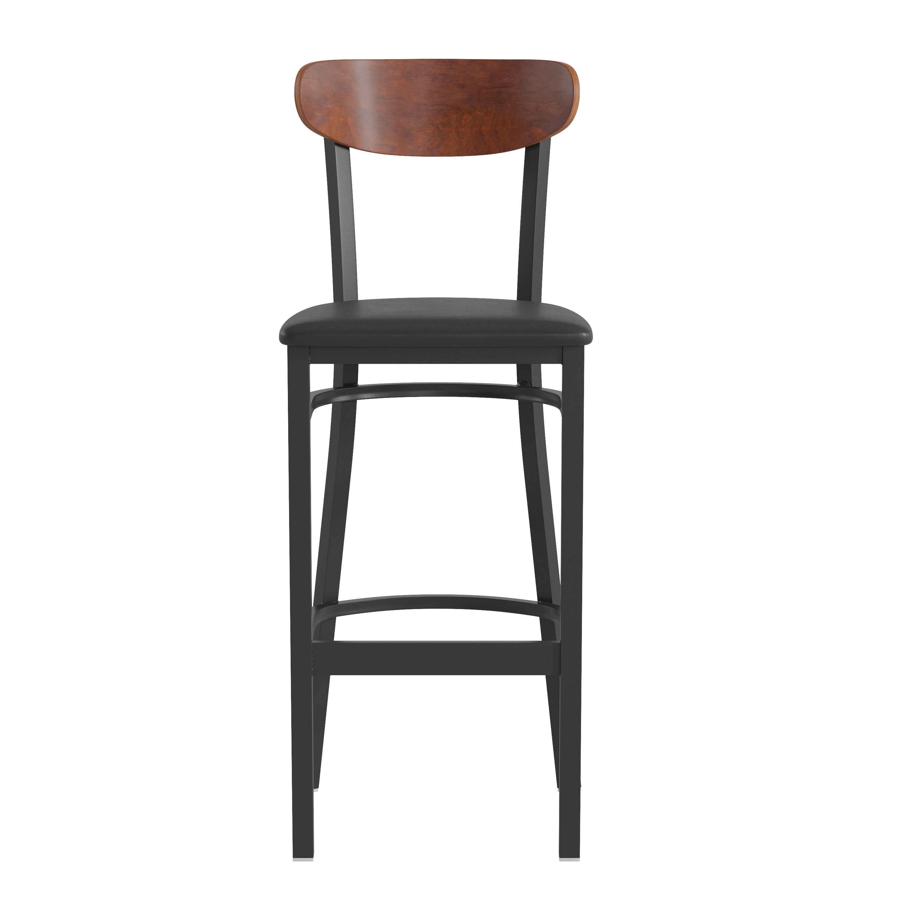Wright Commercial Barstool with 500 LB. Capacity Black Steel Frame, Walnut Finish Wooden Boomerang Back, and Black Vinyl Seat