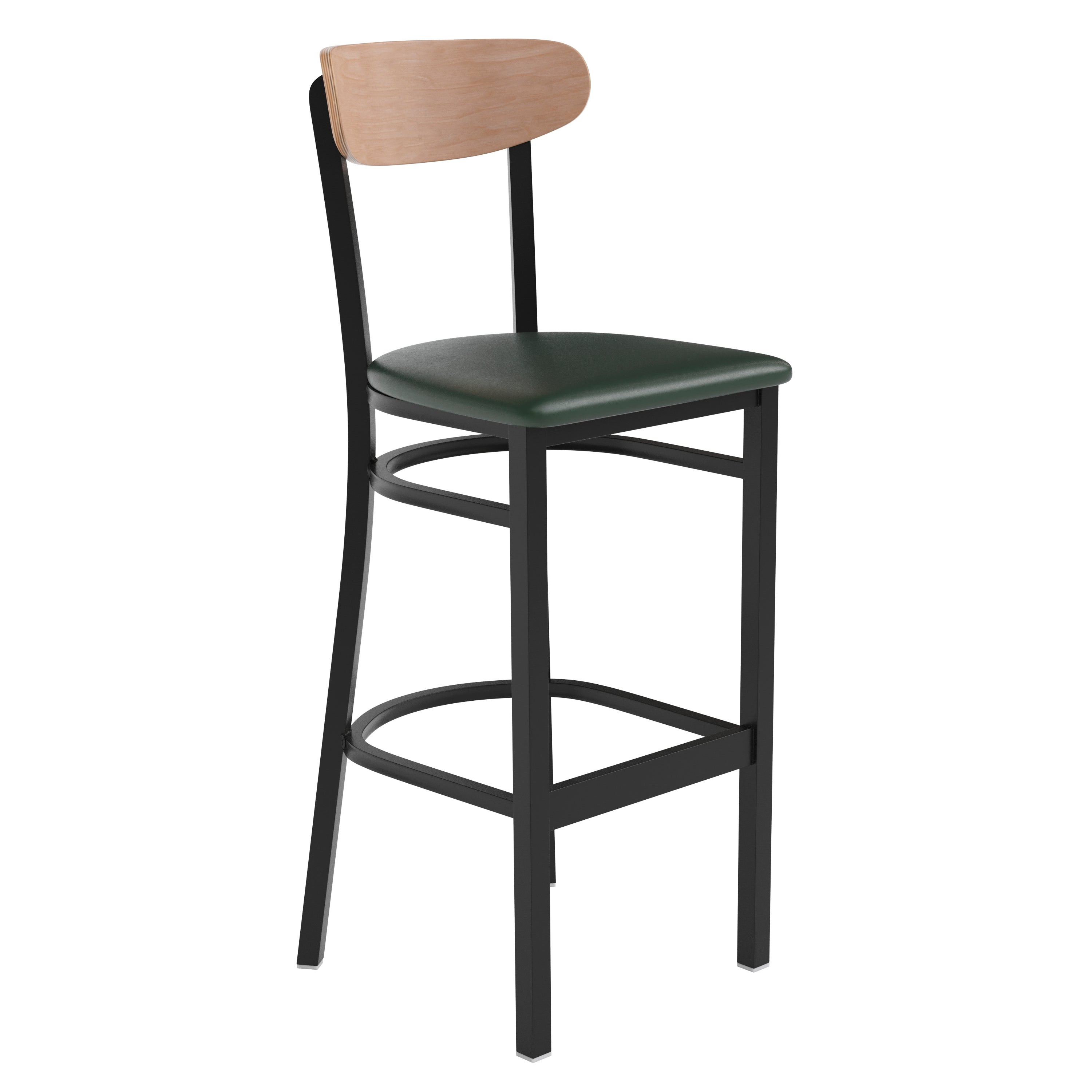 Wright Commercial Barstool with 500 LB. Capacity Black Steel Frame, Natural Birch Finish Wooden Boomerang Back, and Green Vinyl Seat