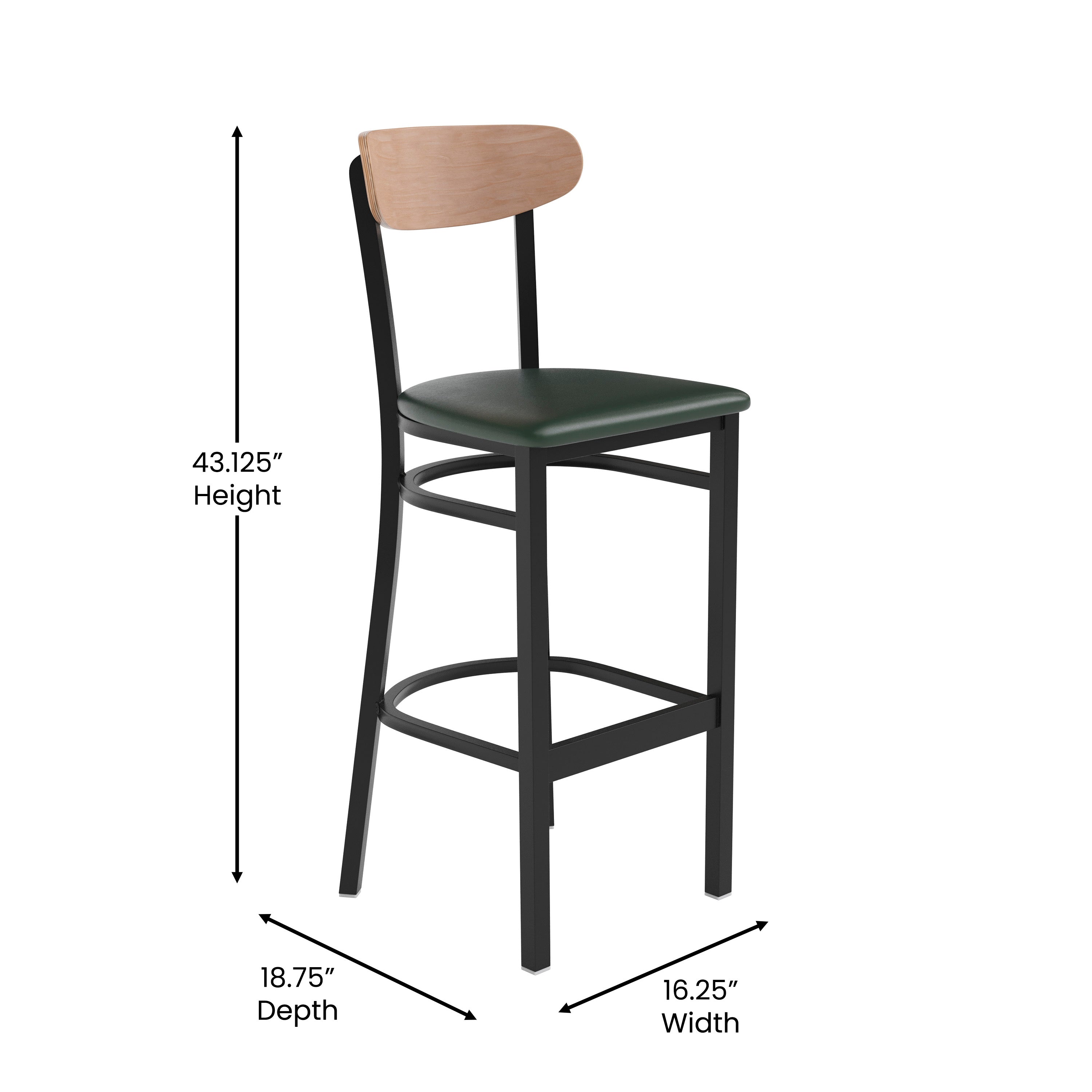 Wright Commercial Barstool with 500 LB. Capacity Black Steel Frame, Natural Birch Finish Wooden Boomerang Back, and Green Vinyl Seat