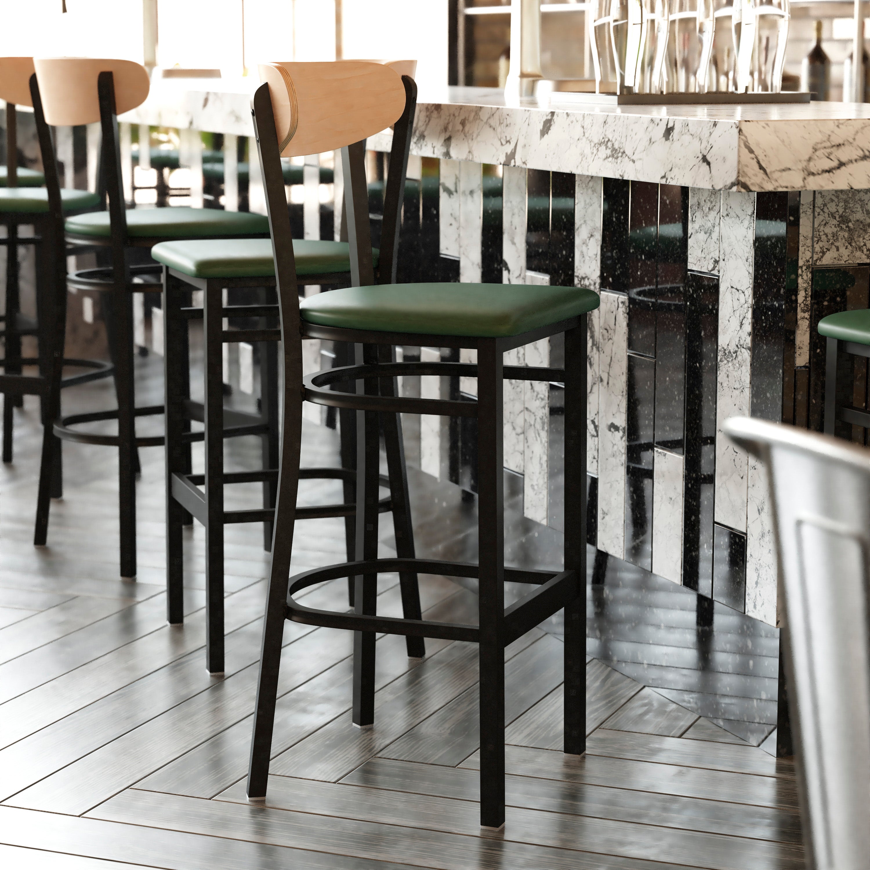 Wright Commercial Barstool with 500 LB. Capacity Black Steel Frame, Natural Birch Finish Wooden Boomerang Back, and Green Vinyl Seat