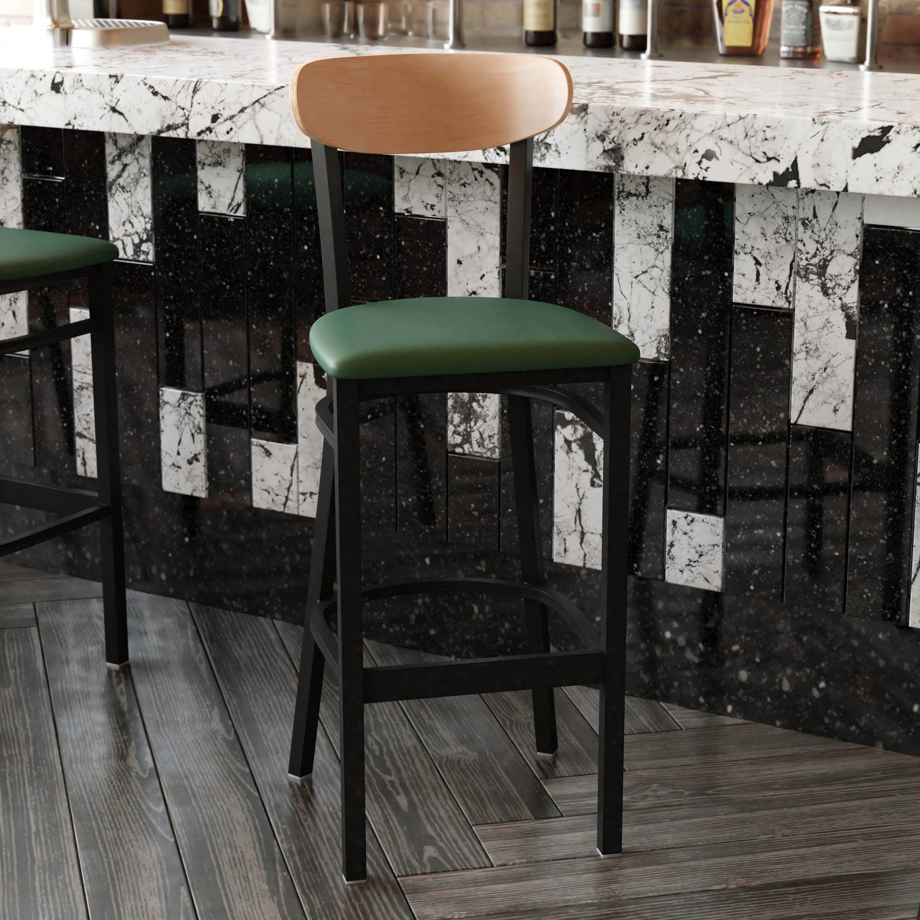 Wright Commercial Barstool with 500 LB. Capacity Black Steel Frame, Natural Birch Finish Wooden Boomerang Back, and Green Vinyl Seat