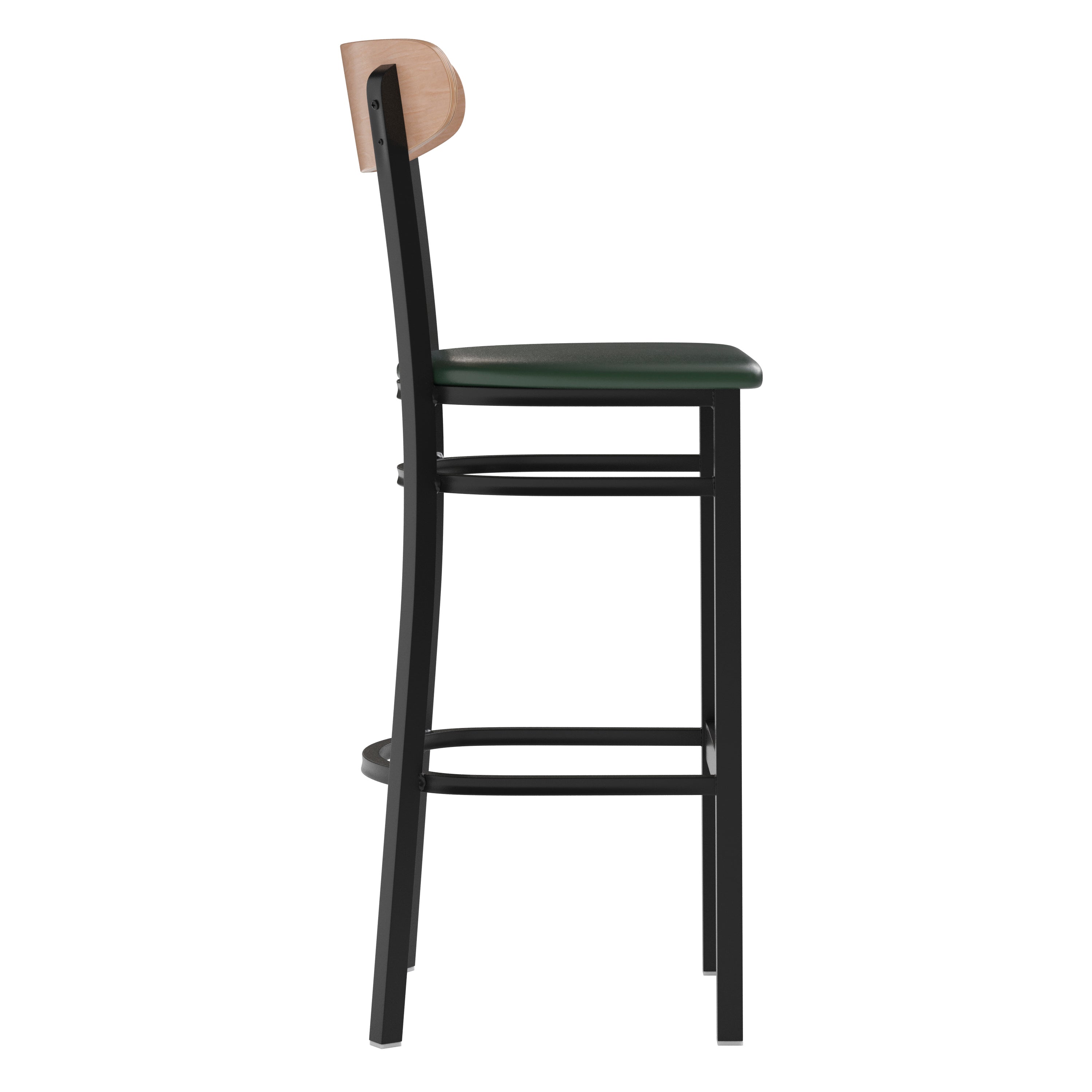Wright Commercial Barstool with 500 LB. Capacity Black Steel Frame, Natural Birch Finish Wooden Boomerang Back, and Green Vinyl Seat