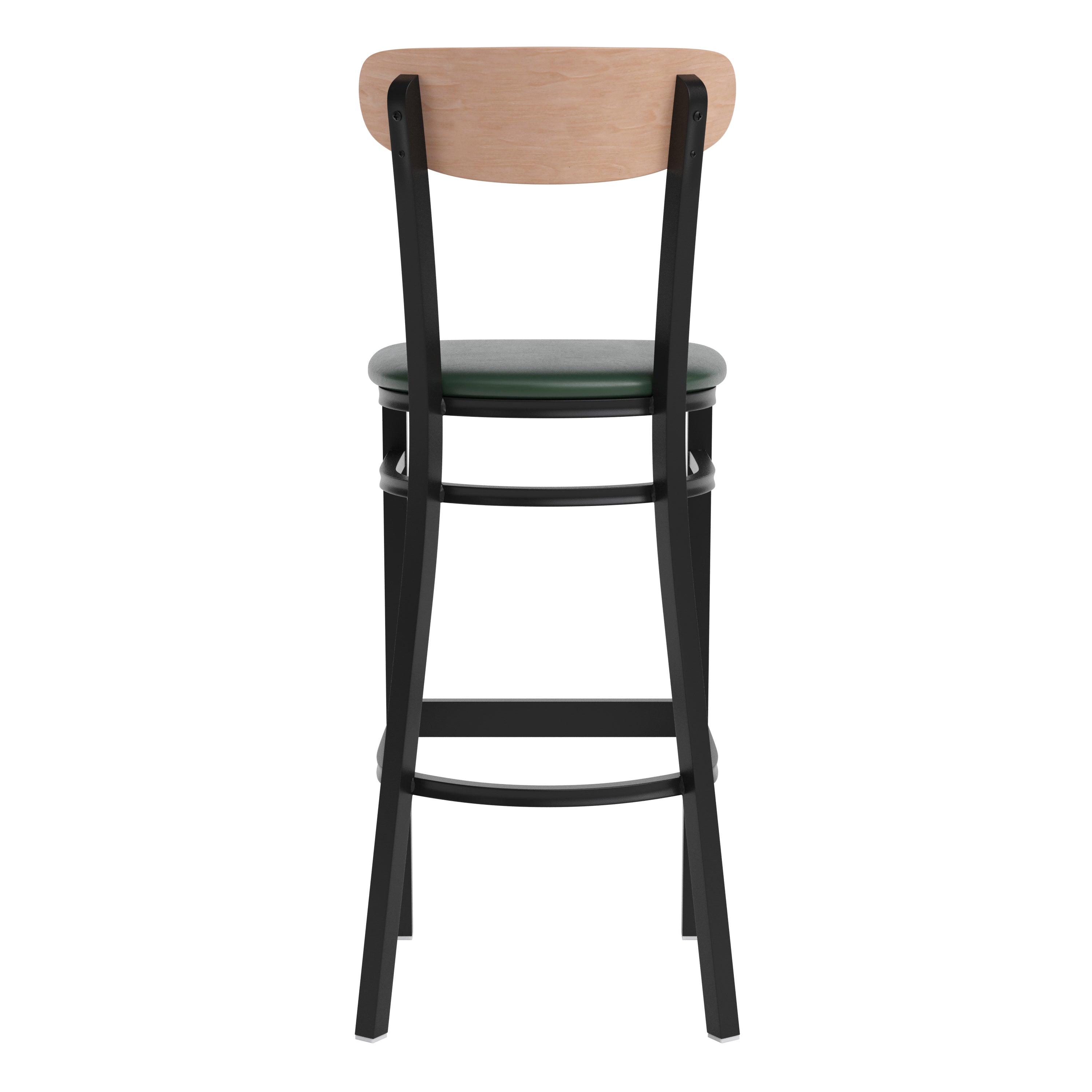 Wright Commercial Barstool with 500 LB. Capacity Black Steel Frame, Natural Birch Finish Wooden Boomerang Back, and Green Vinyl Seat