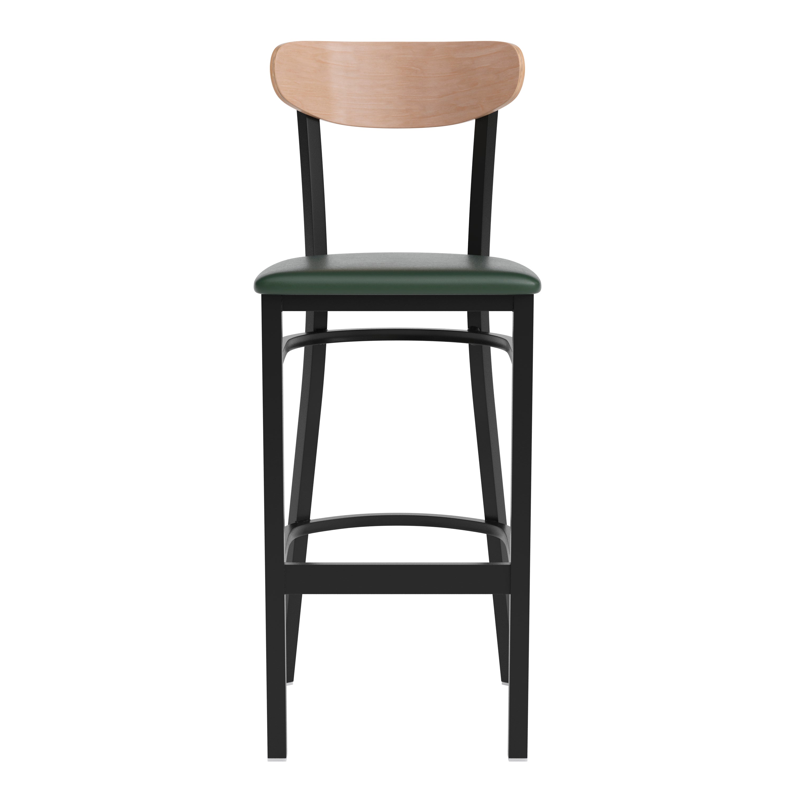 Wright Commercial Barstool with 500 LB. Capacity Black Steel Frame, Natural Birch Finish Wooden Boomerang Back, and Green Vinyl Seat
