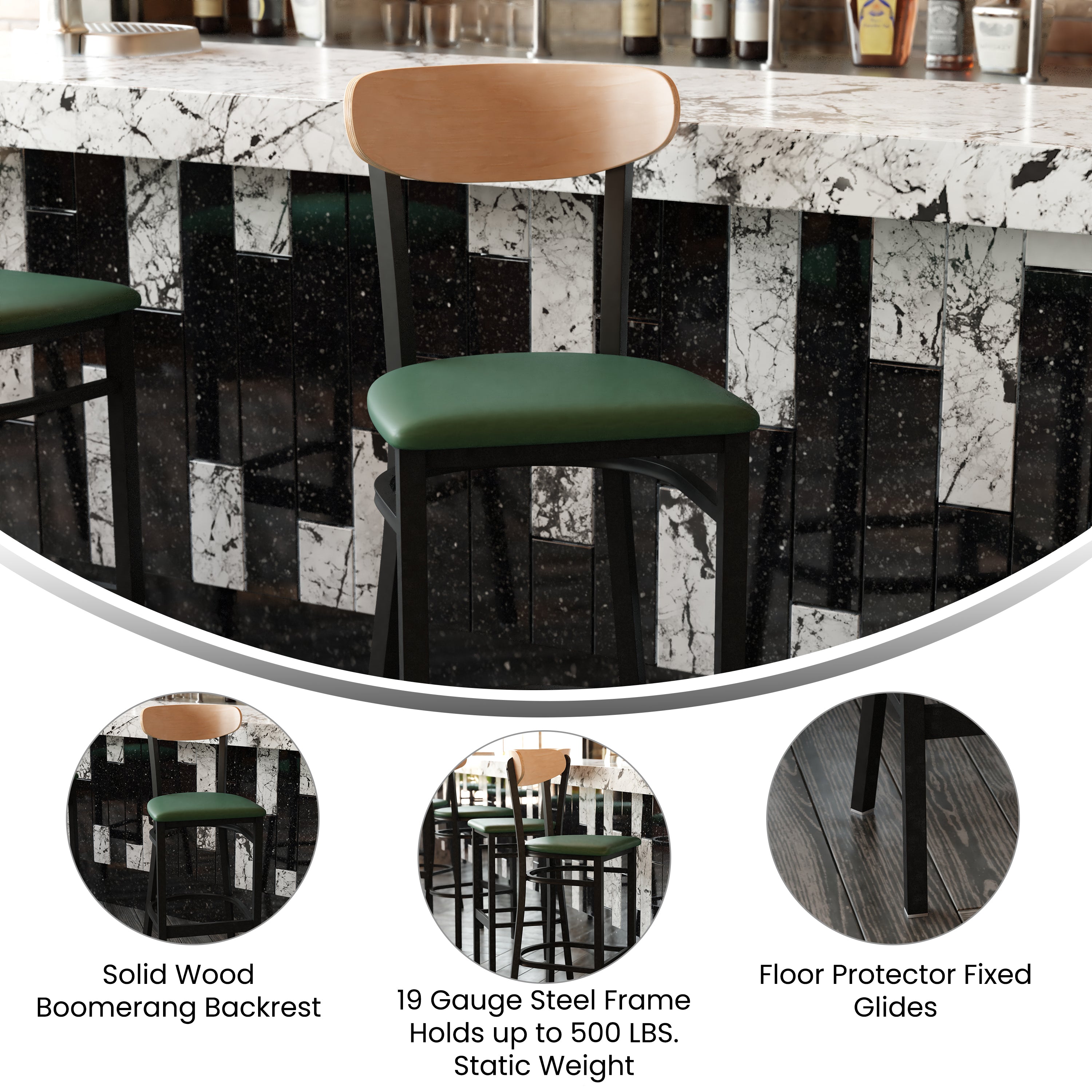 Wright Commercial Barstool with 500 LB. Capacity Black Steel Frame, Natural Birch Finish Wooden Boomerang Back, and Green Vinyl Seat