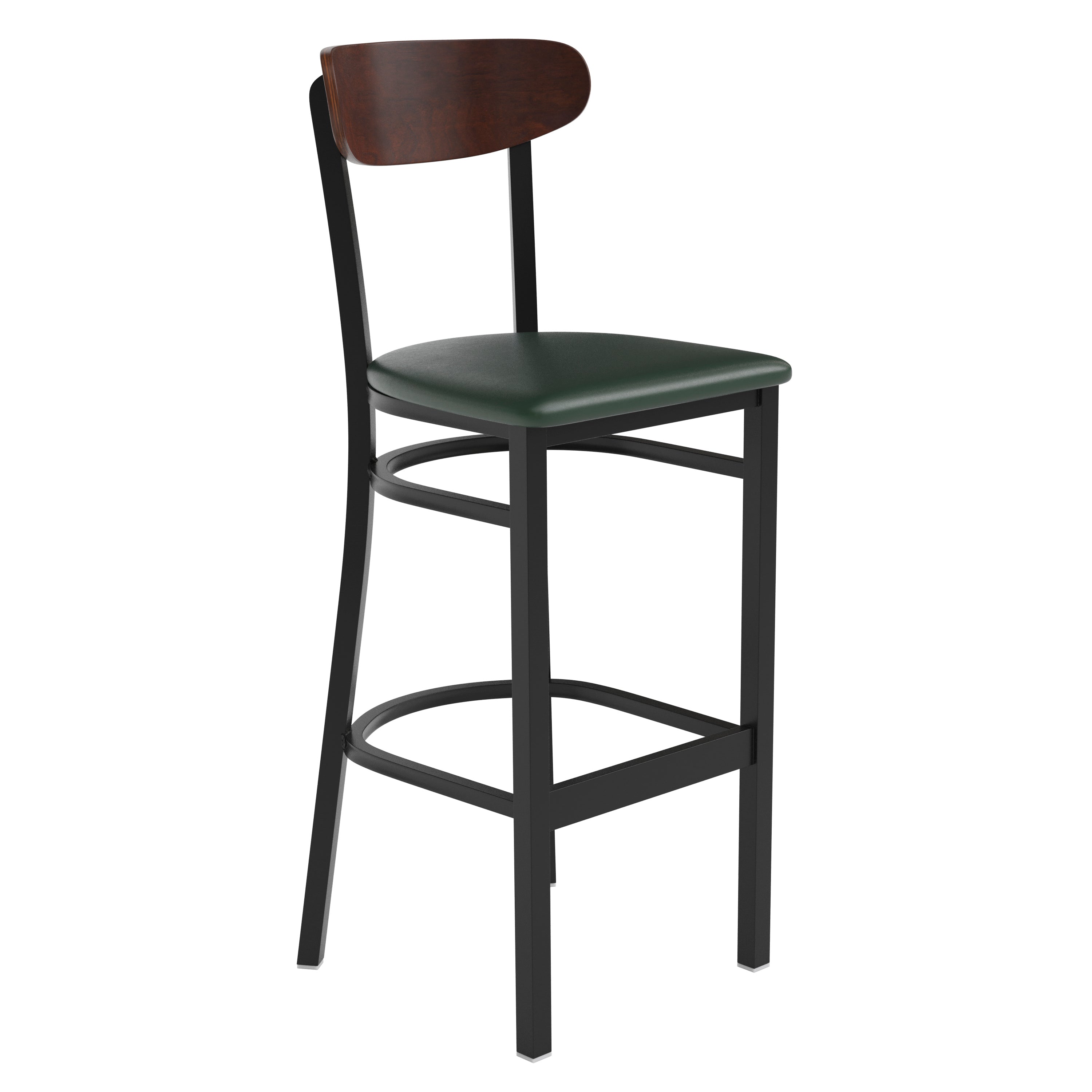 Wright Commercial Barstool with 500 LB. Capacity Black Steel Frame, Walnut Finish Wooden Boomerang Back, and Green Vinyl Seat