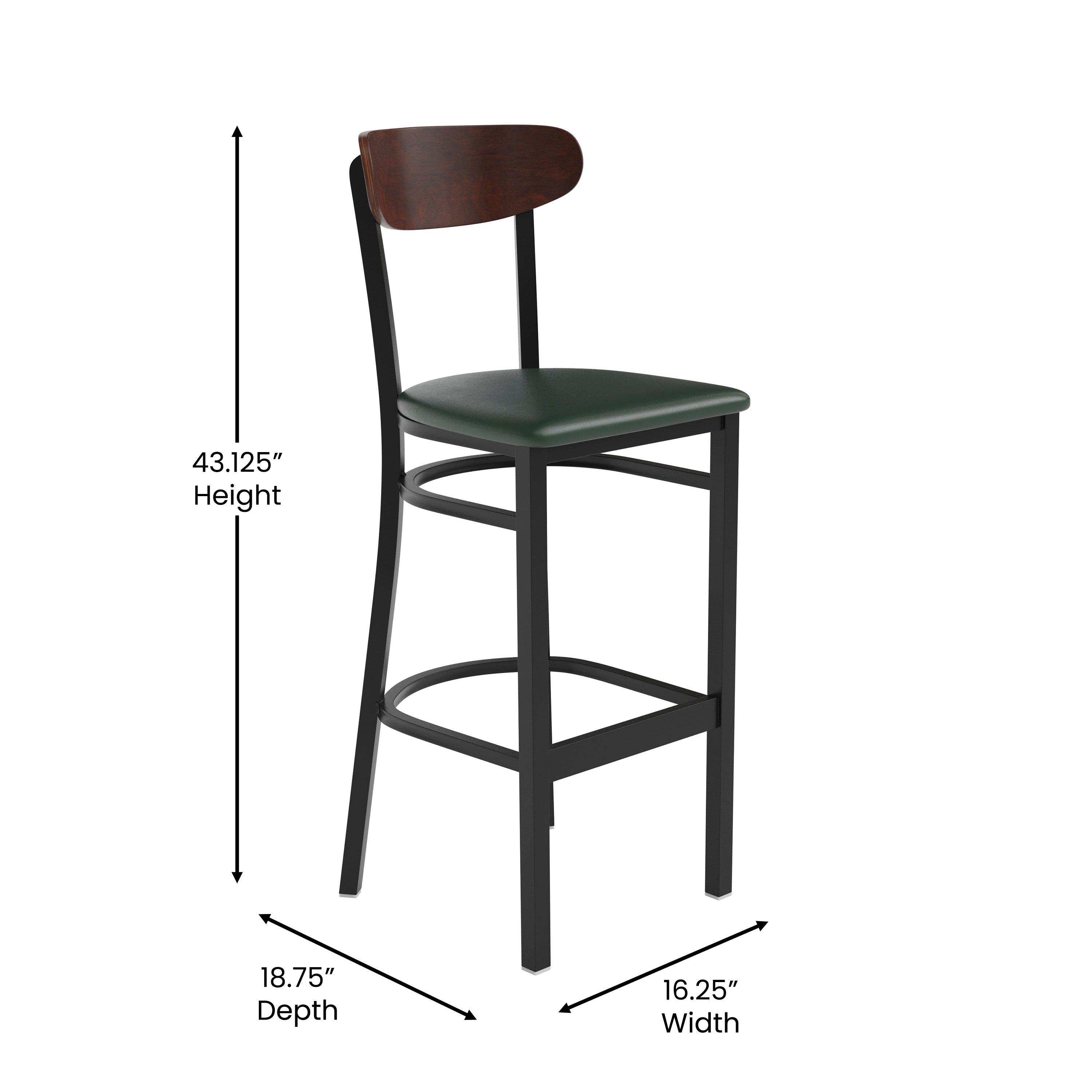Wright Commercial Barstool with 500 LB. Capacity Black Steel Frame, Walnut Finish Wooden Boomerang Back, and Green Vinyl Seat