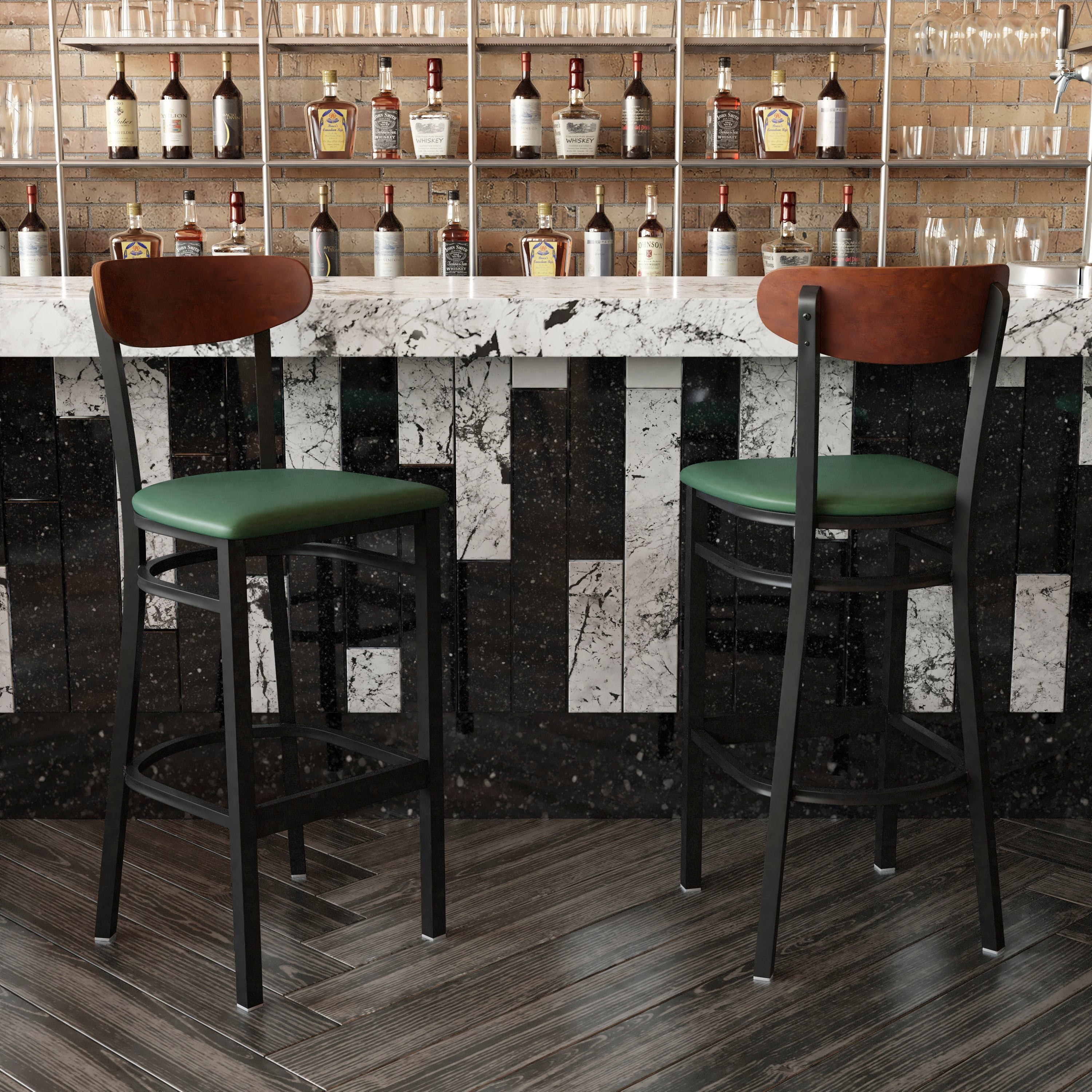 Wright Commercial Barstool with 500 LB. Capacity Black Steel Frame, Walnut Finish Wooden Boomerang Back, and Green Vinyl Seat