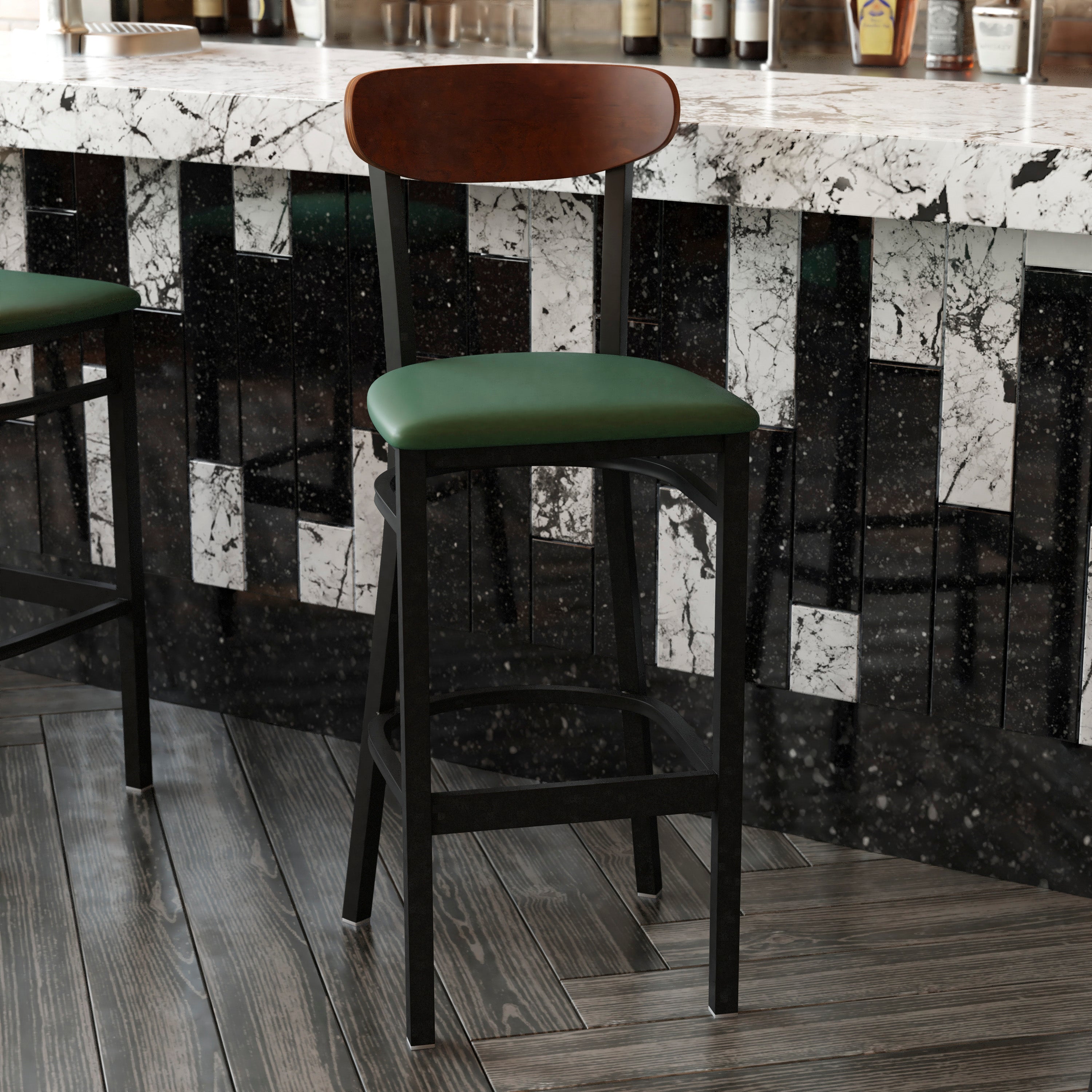 Wright Commercial Barstool with 500 LB. Capacity Black Steel Frame, Walnut Finish Wooden Boomerang Back, and Green Vinyl Seat