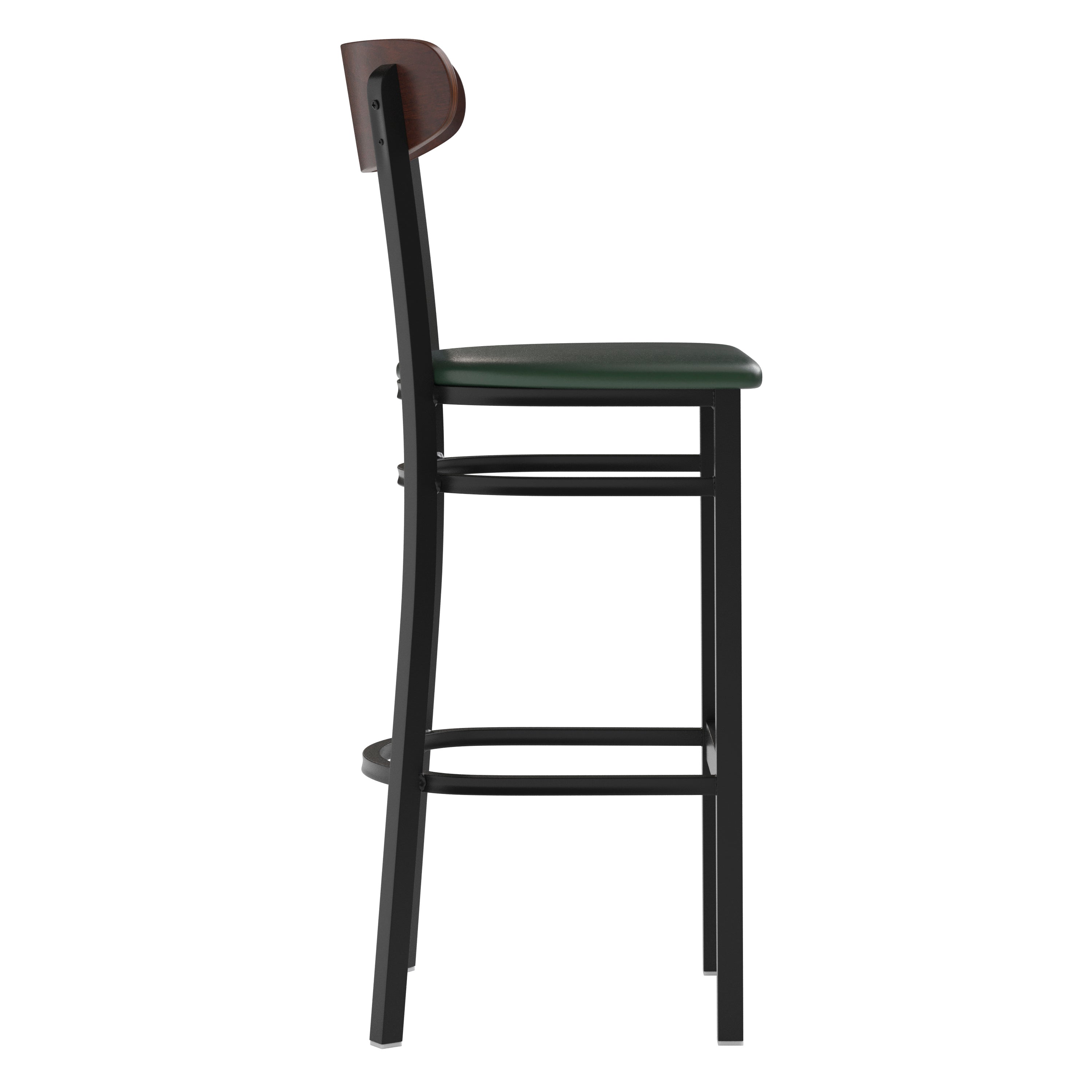 Wright Commercial Barstool with 500 LB. Capacity Black Steel Frame, Walnut Finish Wooden Boomerang Back, and Green Vinyl Seat