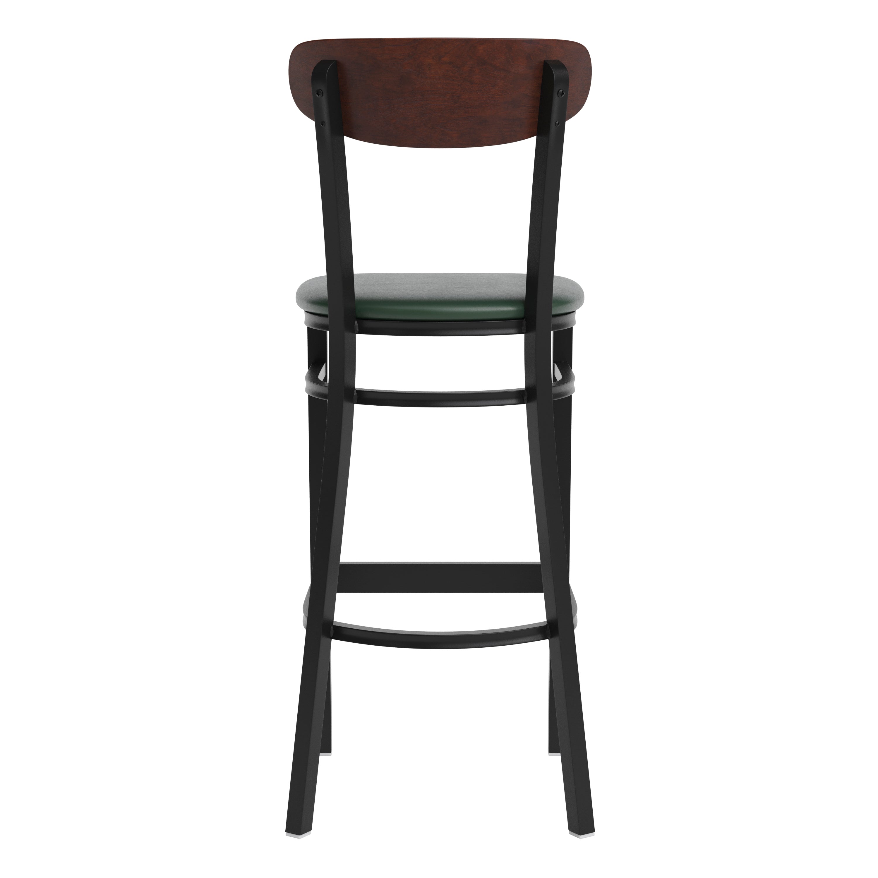Wright Commercial Barstool with 500 LB. Capacity Black Steel Frame, Walnut Finish Wooden Boomerang Back, and Green Vinyl Seat