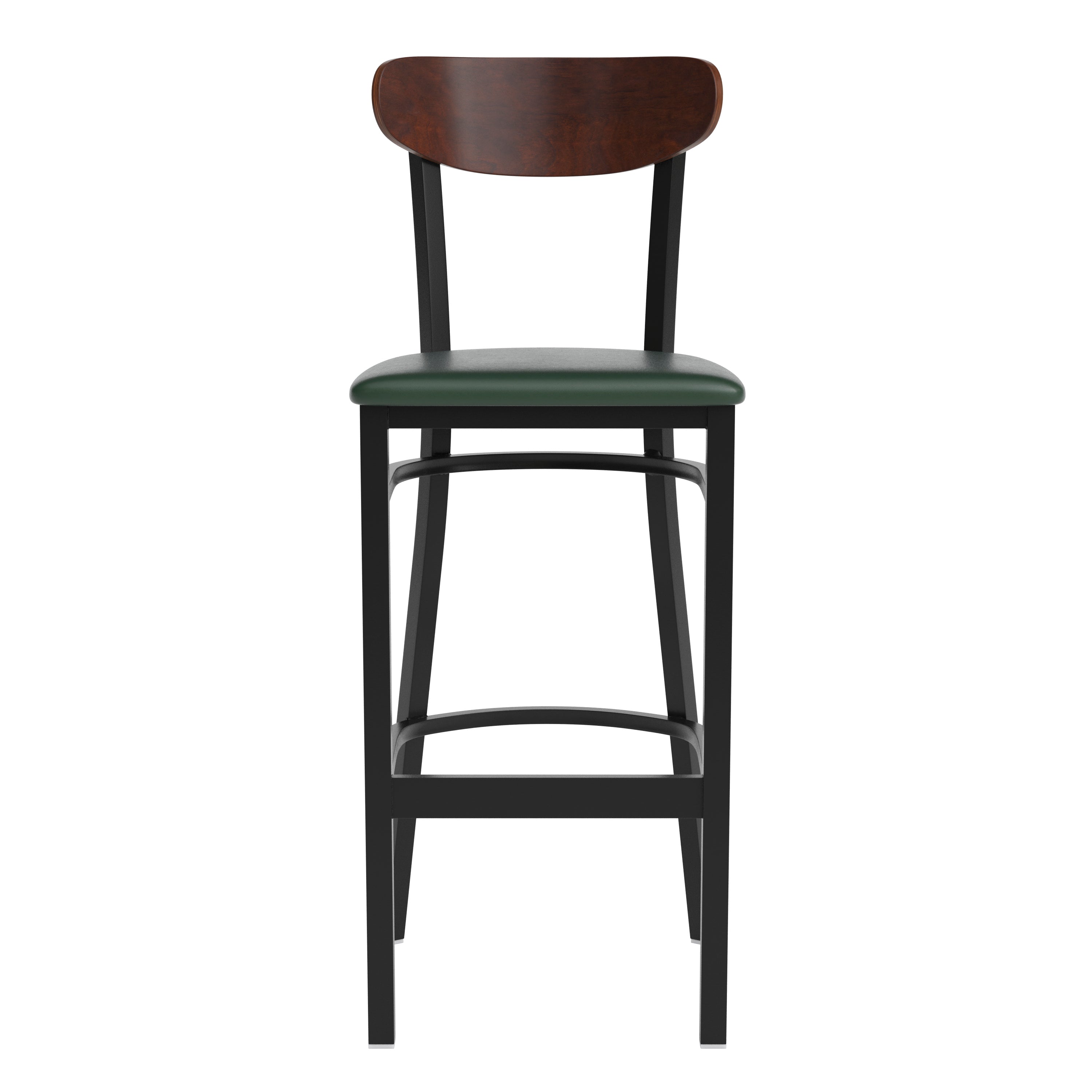Wright Commercial Barstool with 500 LB. Capacity Black Steel Frame, Walnut Finish Wooden Boomerang Back, and Green Vinyl Seat