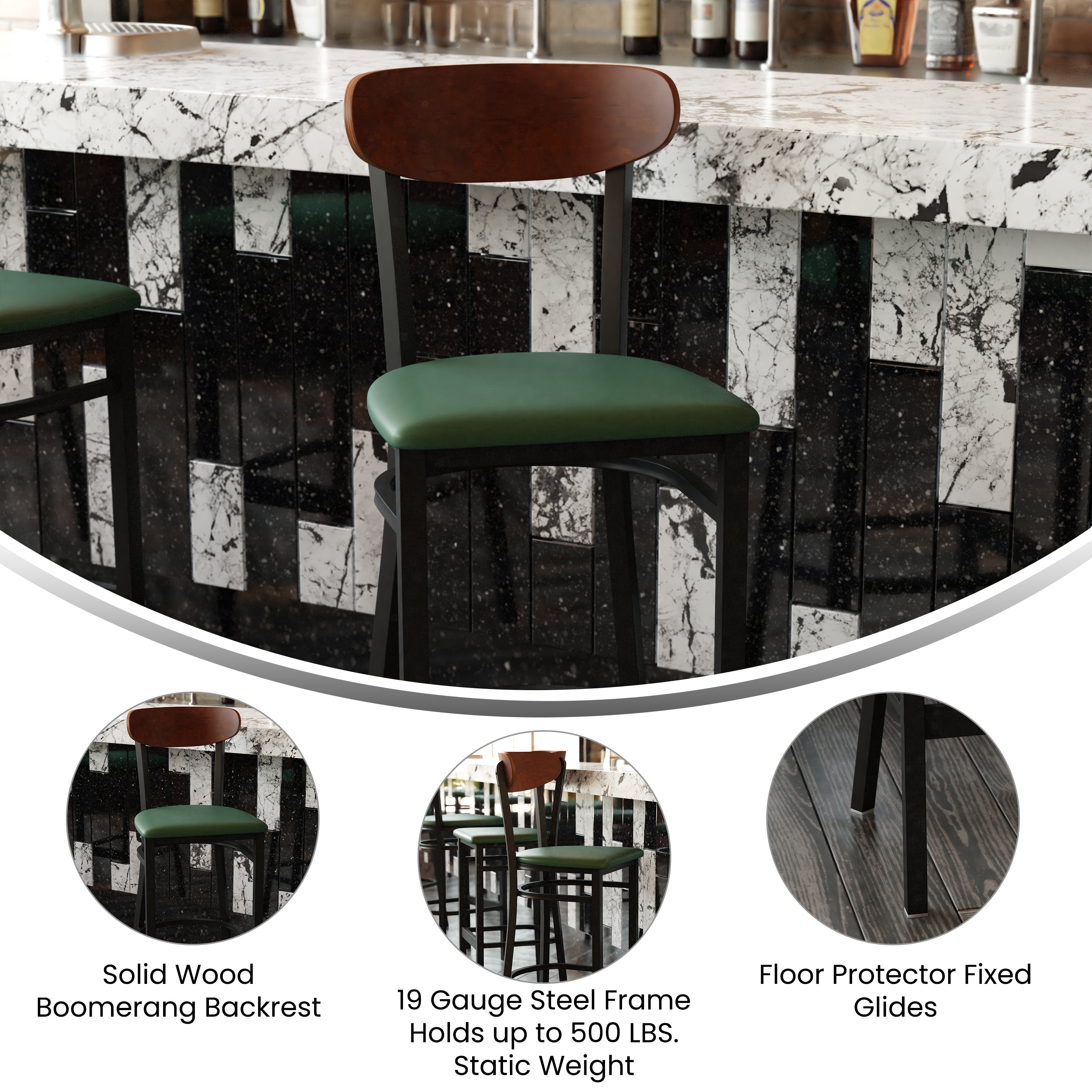 Wright Commercial Barstool with 500 LB. Capacity Black Steel Frame, Walnut Finish Wooden Boomerang Back, and Green Vinyl Seat