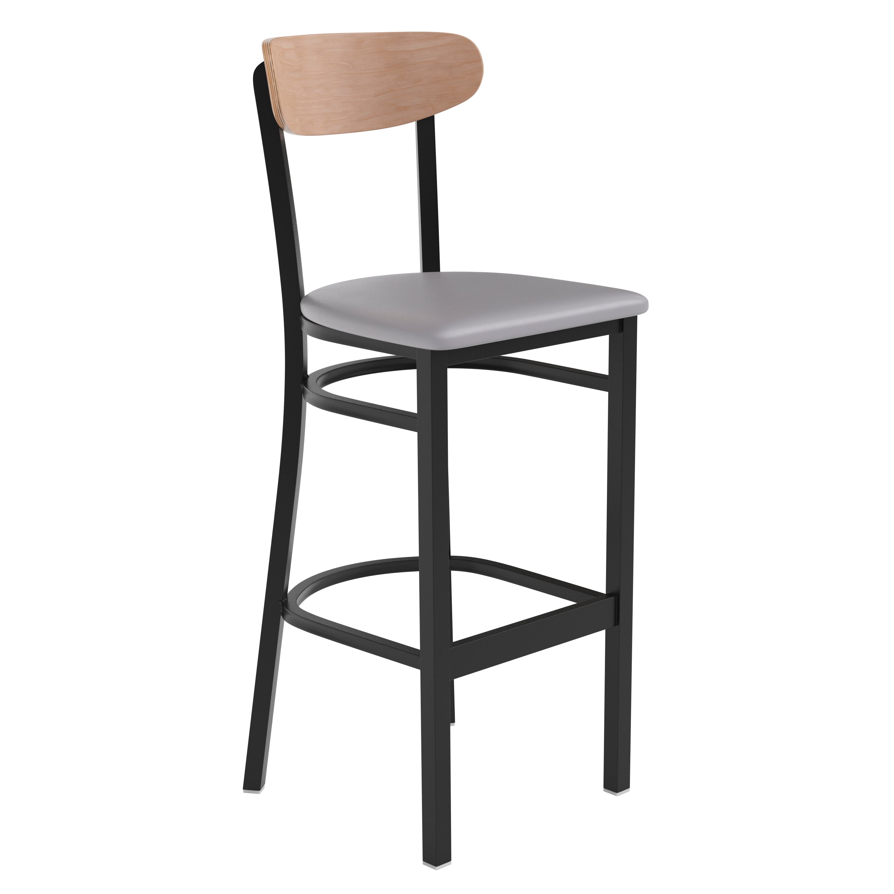 Wright Commercial Barstool with 500 LB. Capacity Black Steel Frame, Natural Birch Finish Wooden Boomerang Back, and Gray Vinyl Seat