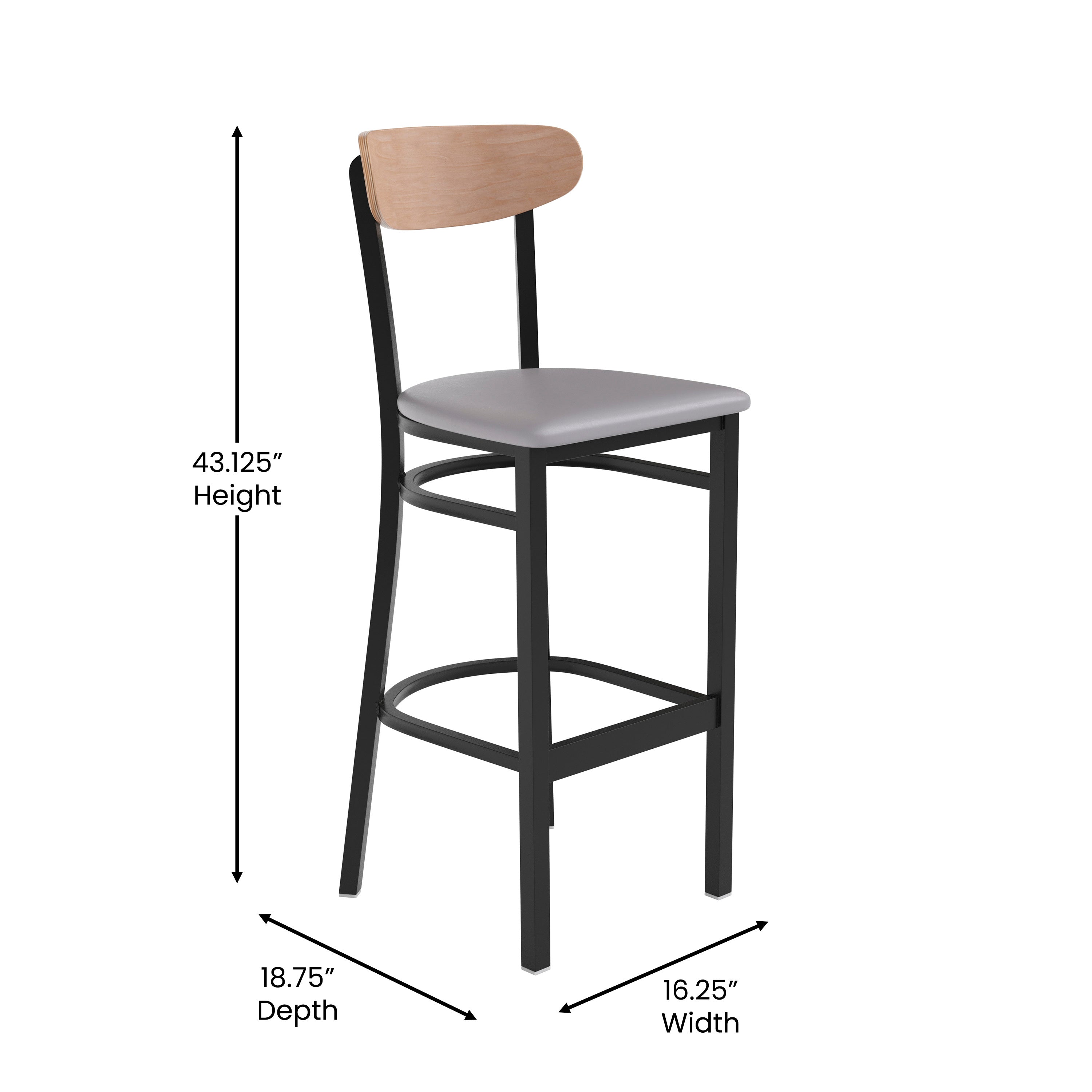 Wright Commercial Barstool with 500 LB. Capacity Black Steel Frame, Natural Birch Finish Wooden Boomerang Back, and Gray Vinyl Seat