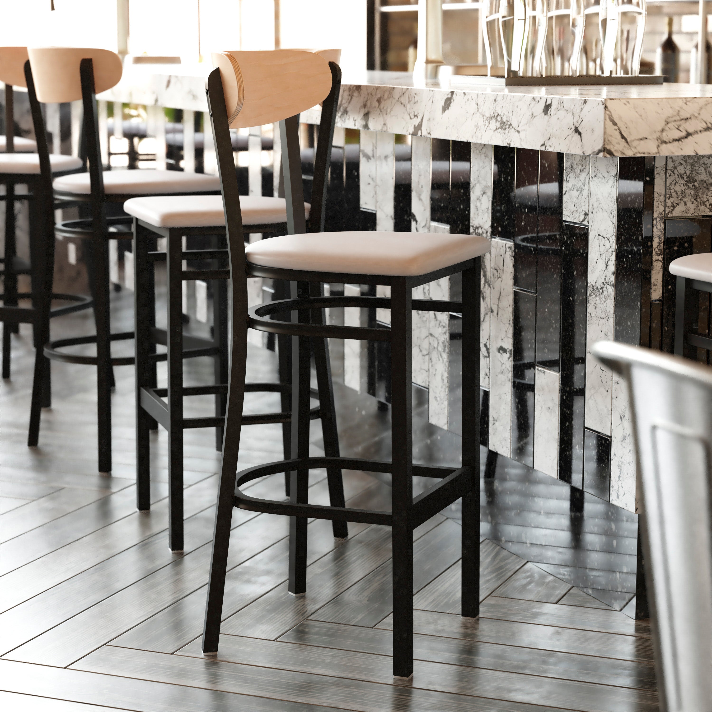 Wright Commercial Barstool with 500 LB. Capacity Black Steel Frame, Natural Birch Finish Wooden Boomerang Back, and Gray Vinyl Seat