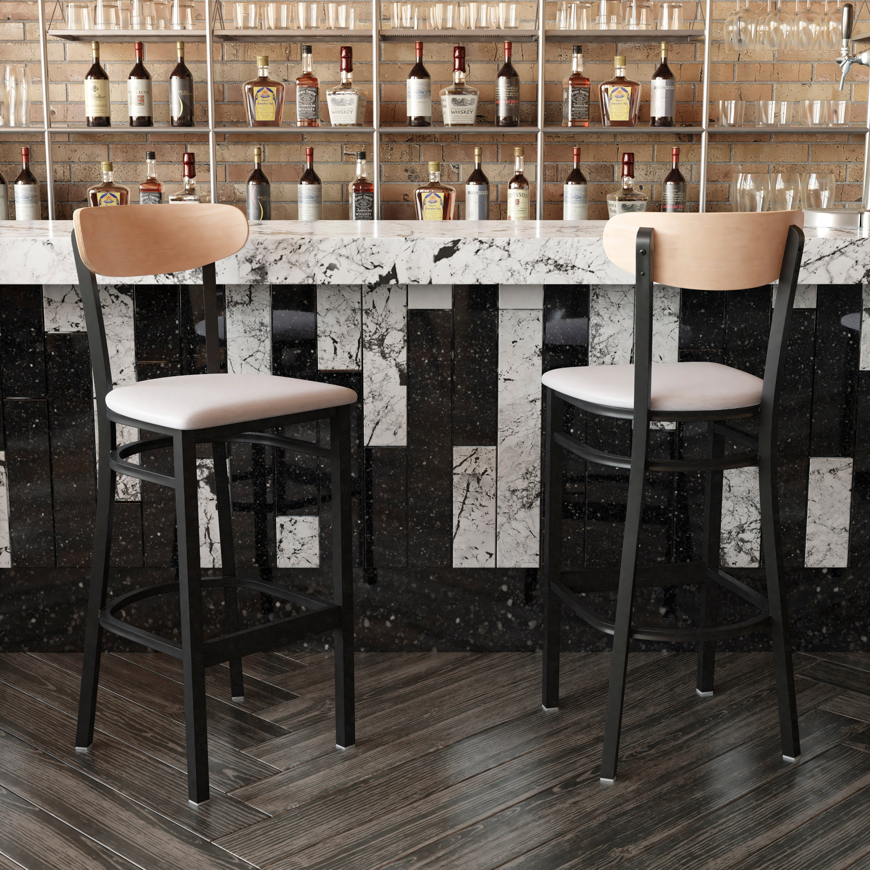Wright Commercial Barstool with 500 LB. Capacity Black Steel Frame, Natural Birch Finish Wooden Boomerang Back, and Gray Vinyl Seat