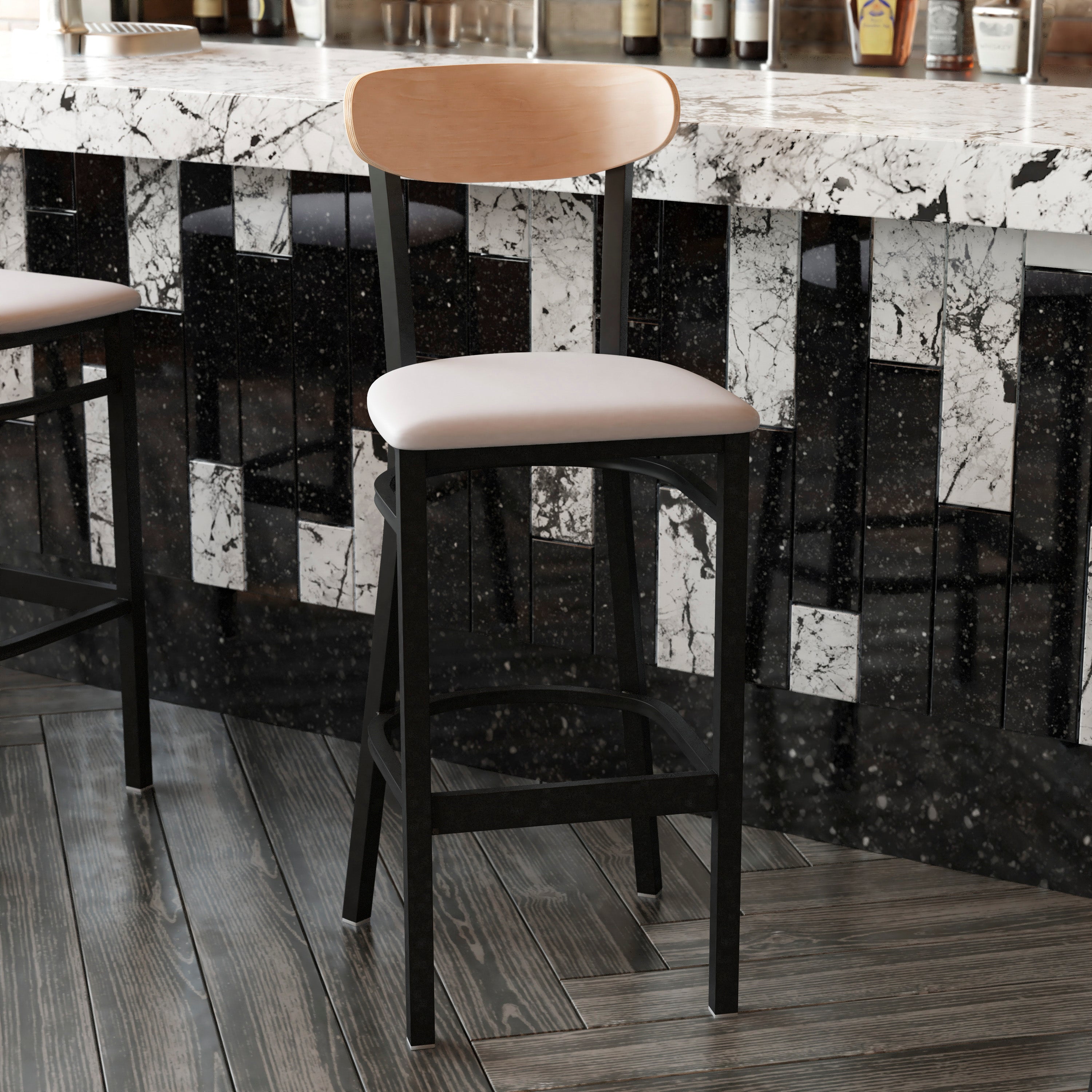 Wright Commercial Barstool with 500 LB. Capacity Black Steel Frame, Natural Birch Finish Wooden Boomerang Back, and Gray Vinyl Seat