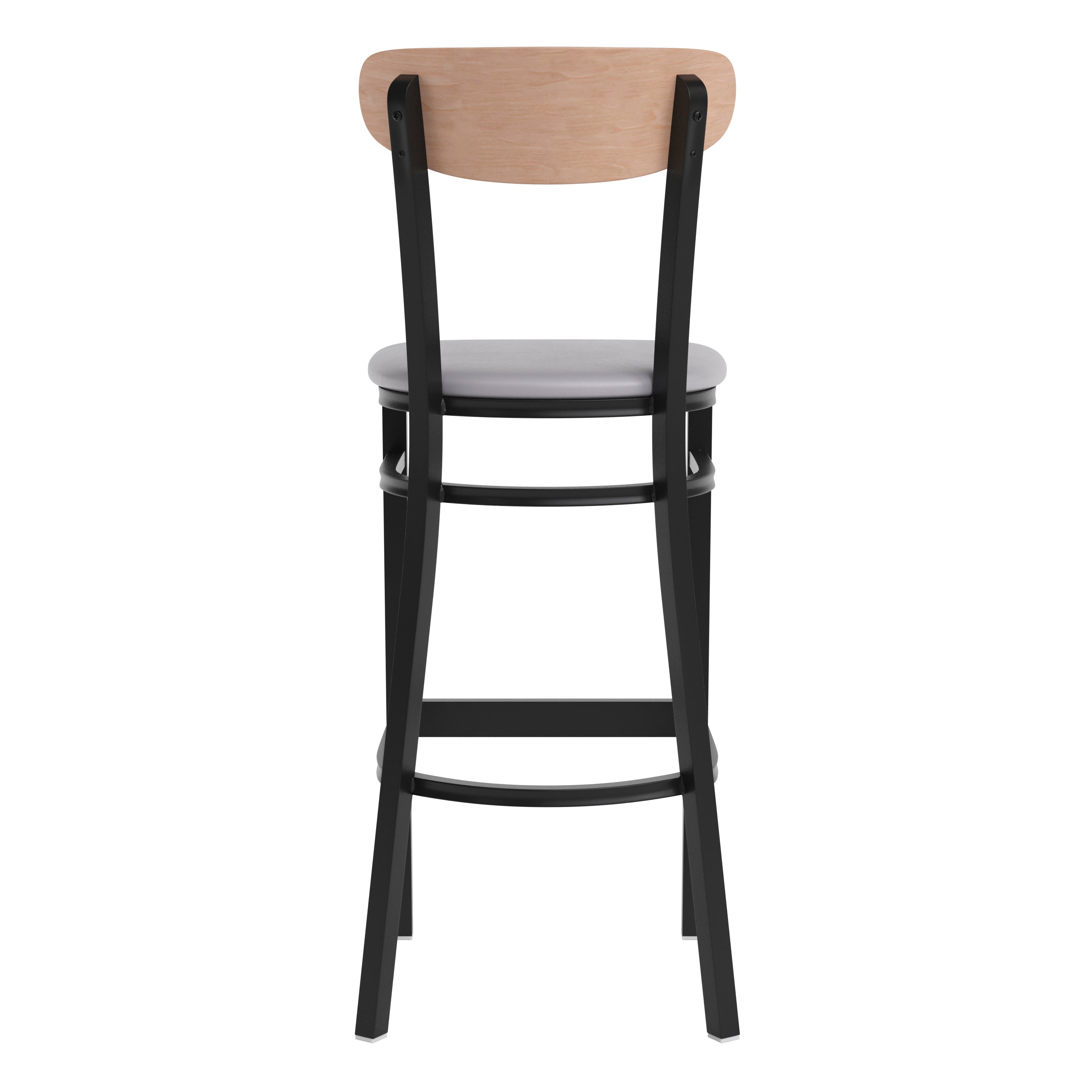 Wright Commercial Barstool with 500 LB. Capacity Black Steel Frame, Natural Birch Finish Wooden Boomerang Back, and Gray Vinyl Seat
