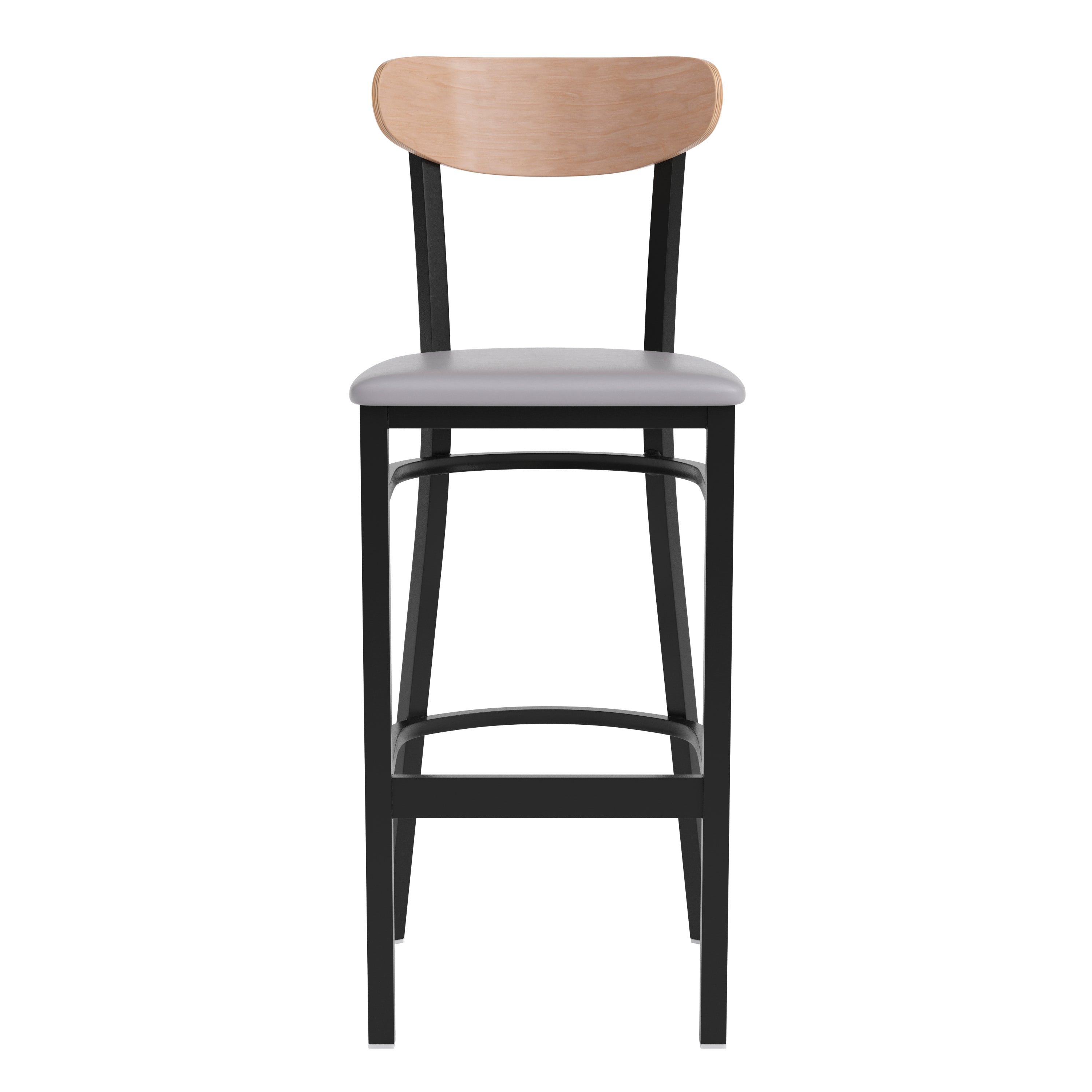 Wright Commercial Barstool with 500 LB. Capacity Black Steel Frame, Natural Birch Finish Wooden Boomerang Back, and Gray Vinyl Seat