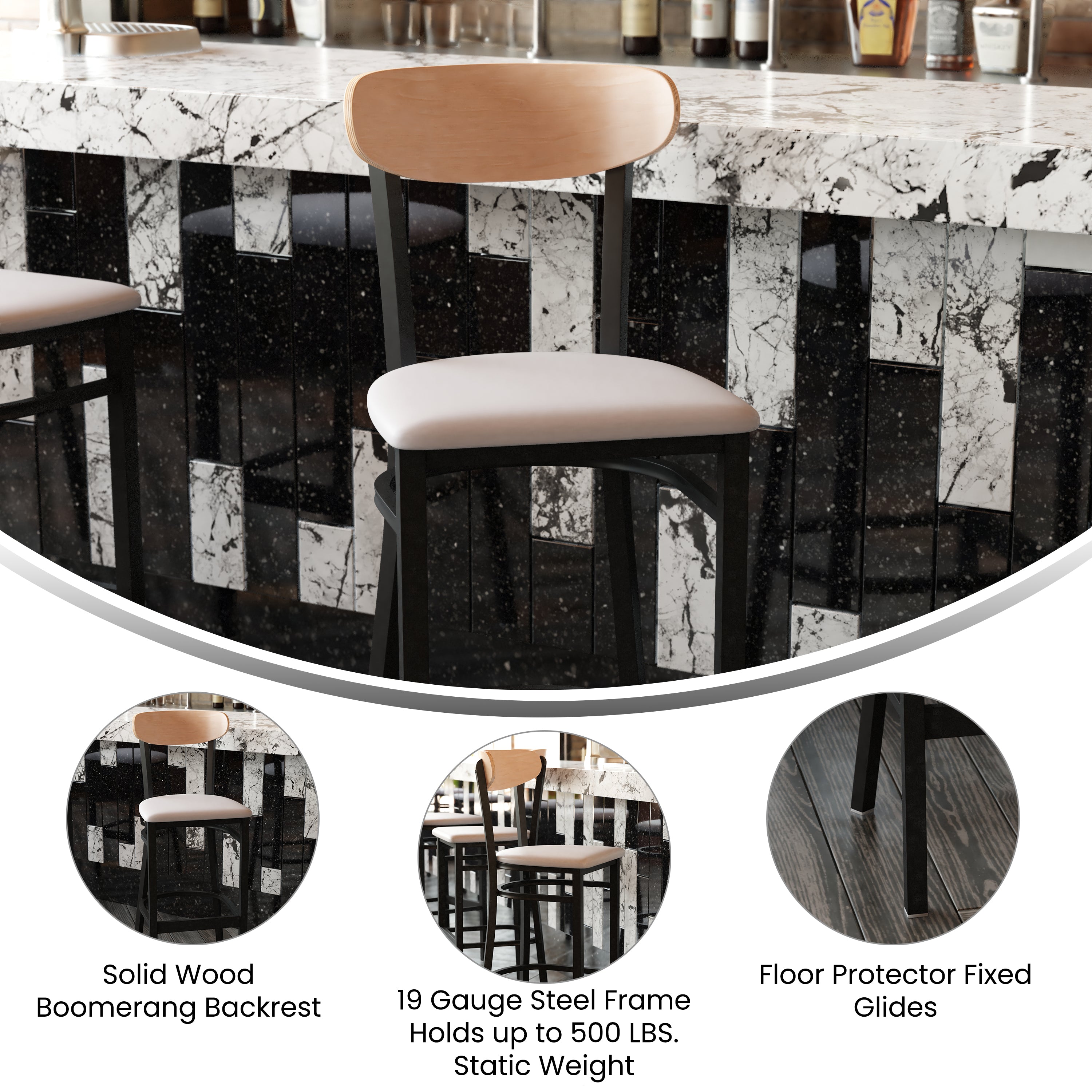 Wright Commercial Barstool with 500 LB. Capacity Black Steel Frame, Natural Birch Finish Wooden Boomerang Back, and Gray Vinyl Seat