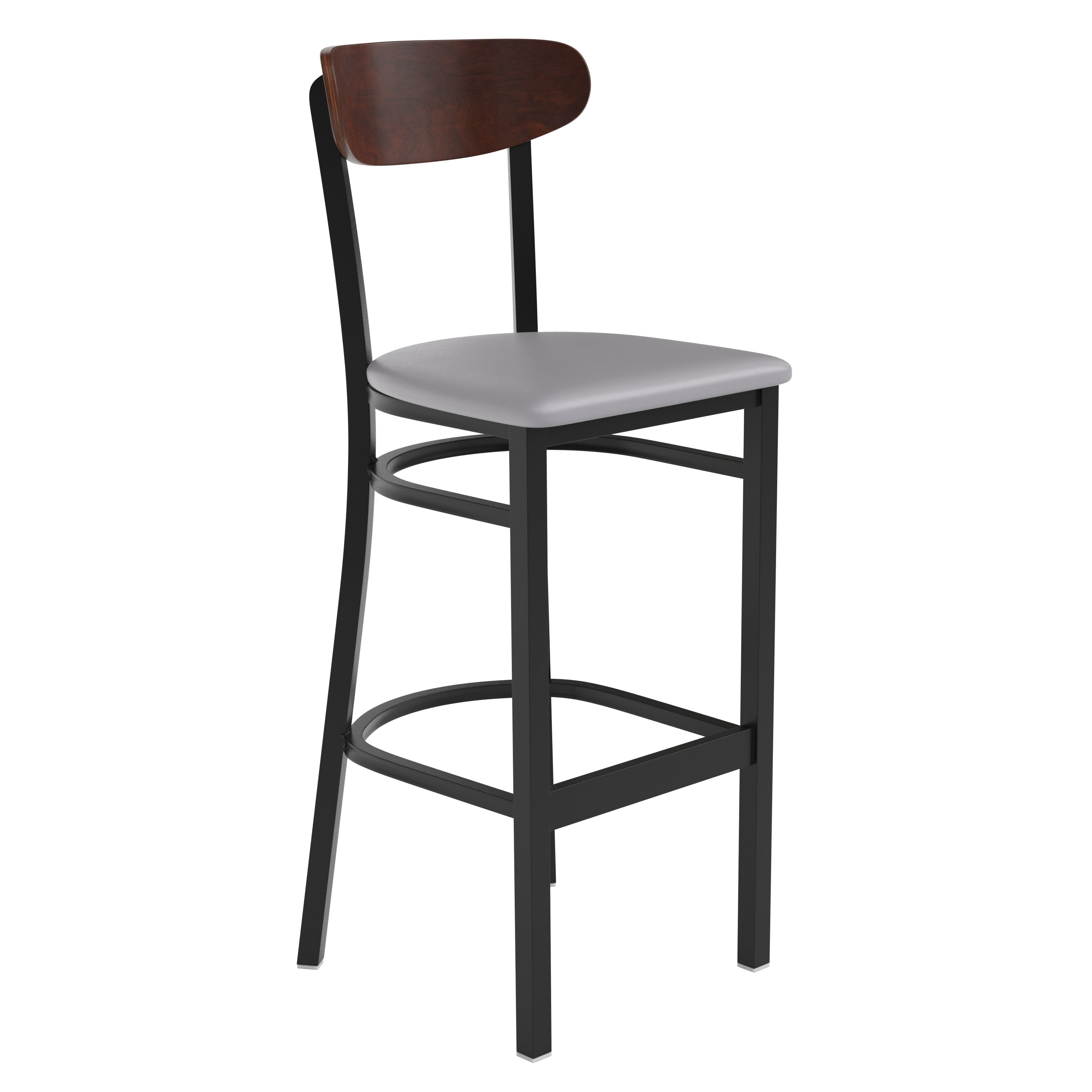 Wright Commercial Barstool with 500 LB. Capacity Black Steel Frame, Walnut Finish Wooden Boomerang Back, and Gray Vinyl Seat