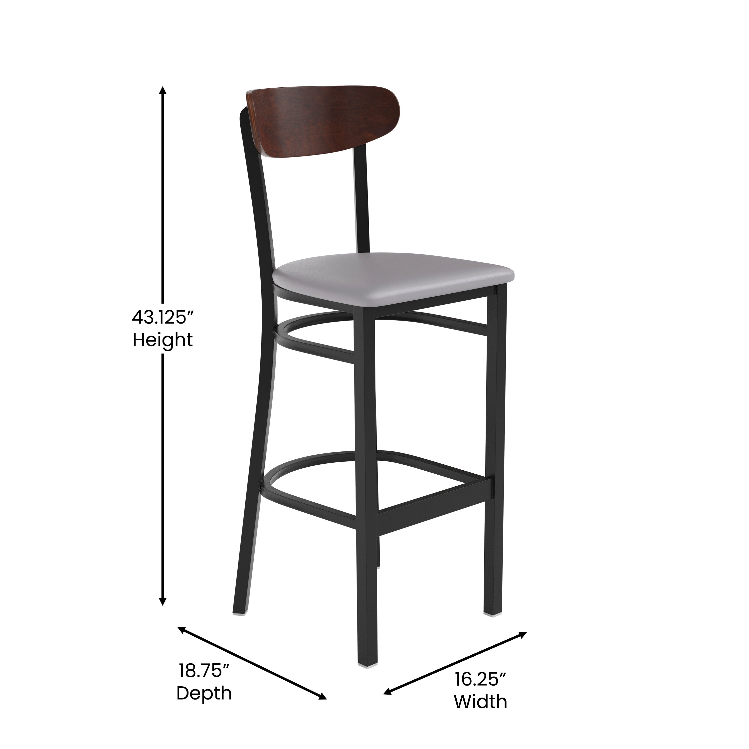 Wright Commercial Barstool with 500 LB. Capacity Black Steel Frame, Walnut Finish Wooden Boomerang Back, and Gray Vinyl Seat