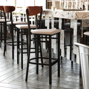 Wright Commercial Barstool with 500 LB. Capacity Black Steel Frame, Walnut Finish Wooden Boomerang Back, and Gray Vinyl Seat