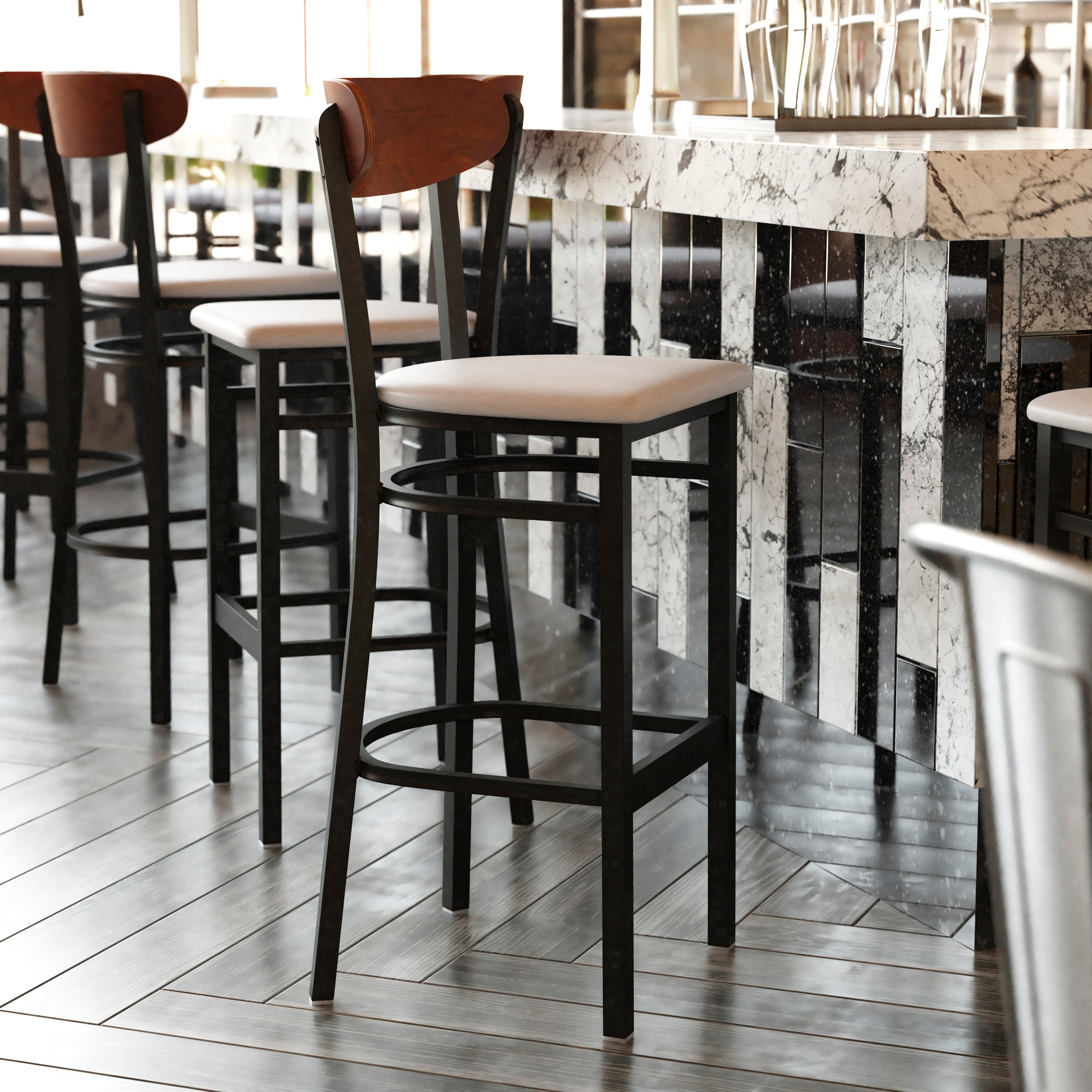 Wright Commercial Barstool with 500 LB. Capacity Black Steel Frame, Walnut Finish Wooden Boomerang Back, and Gray Vinyl Seat