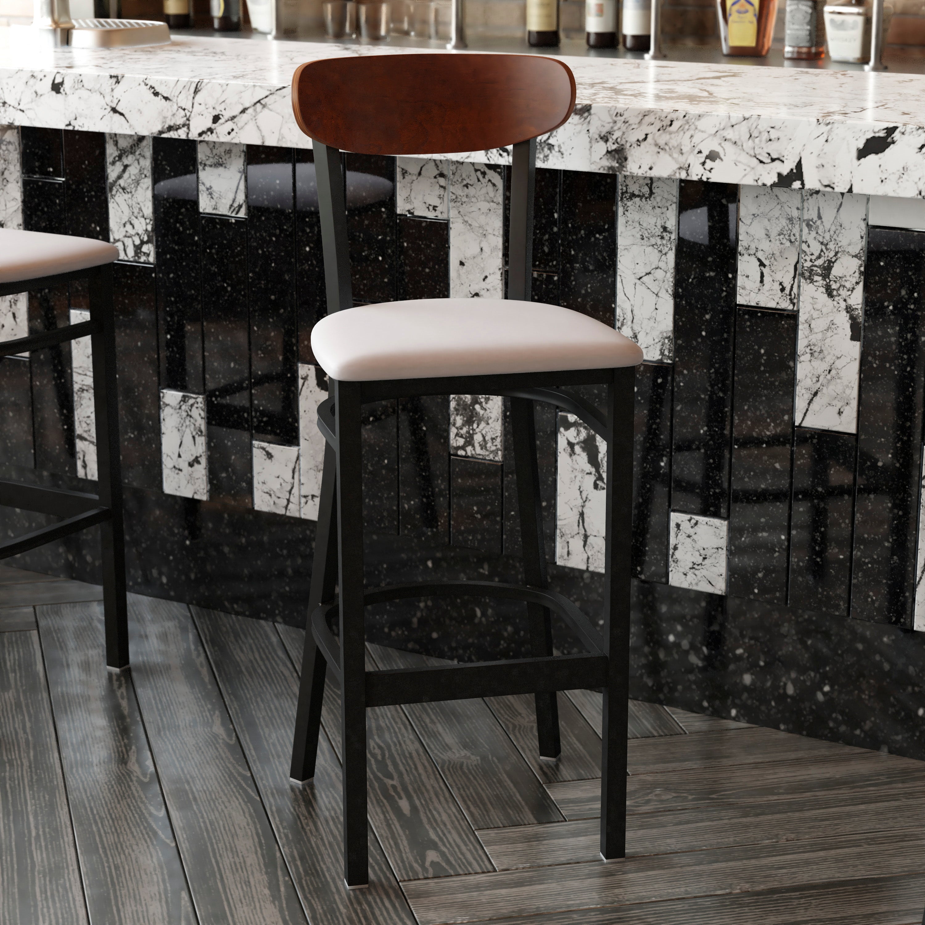Wright Commercial Barstool with 500 LB. Capacity Black Steel Frame, Walnut Finish Wooden Boomerang Back, and Gray Vinyl Seat