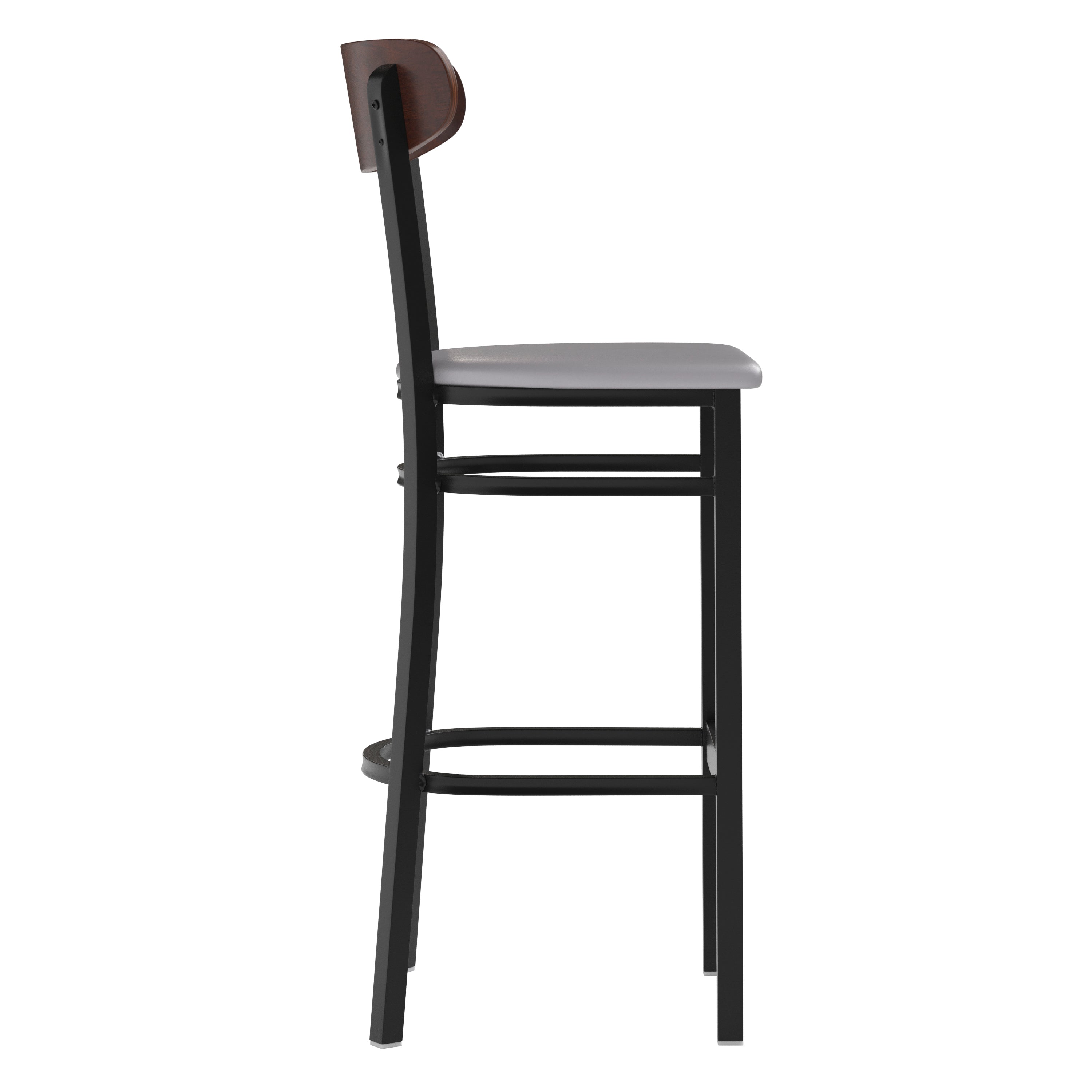 Wright Commercial Barstool with 500 LB. Capacity Black Steel Frame, Walnut Finish Wooden Boomerang Back, and Gray Vinyl Seat