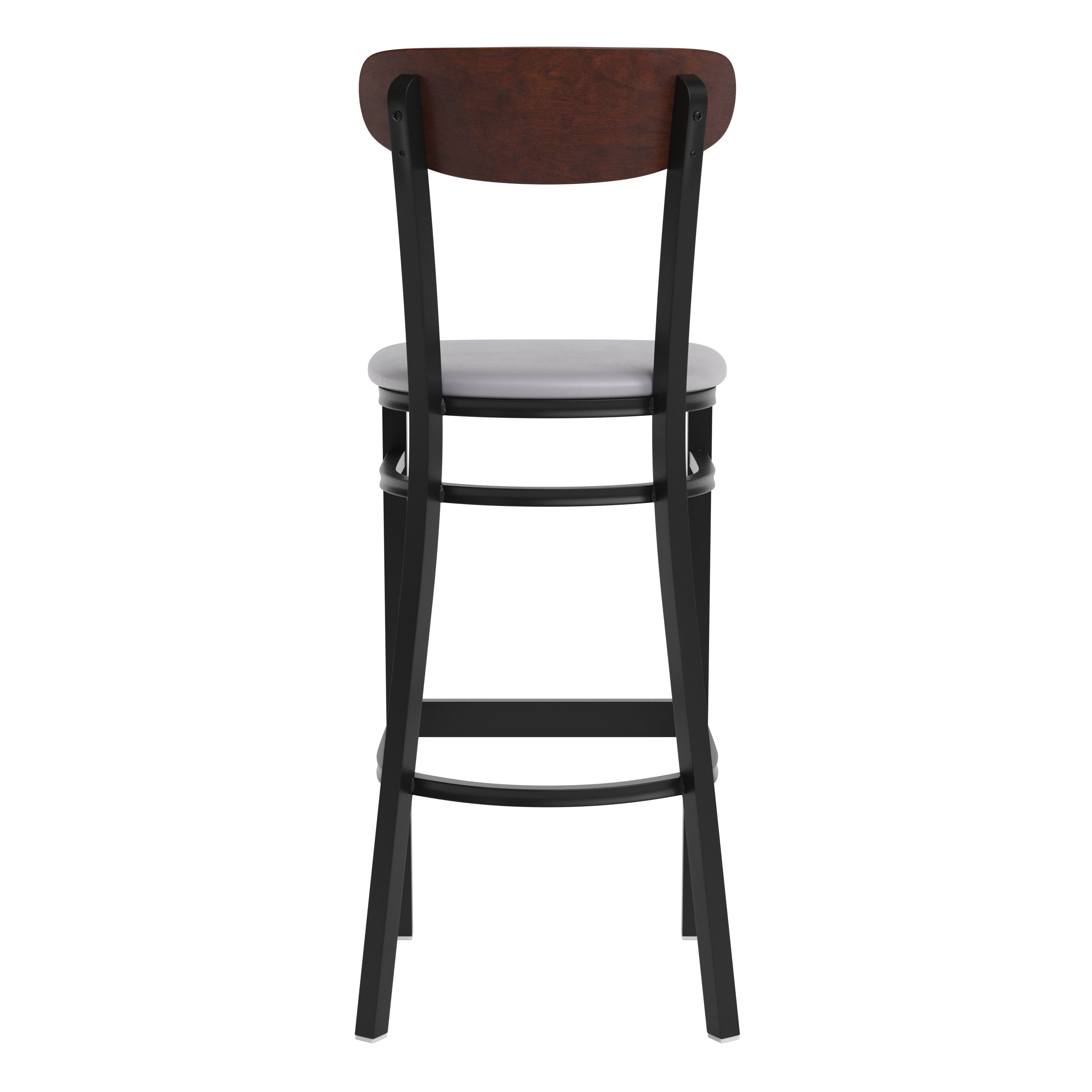 Wright Commercial Barstool with 500 LB. Capacity Black Steel Frame, Walnut Finish Wooden Boomerang Back, and Gray Vinyl Seat