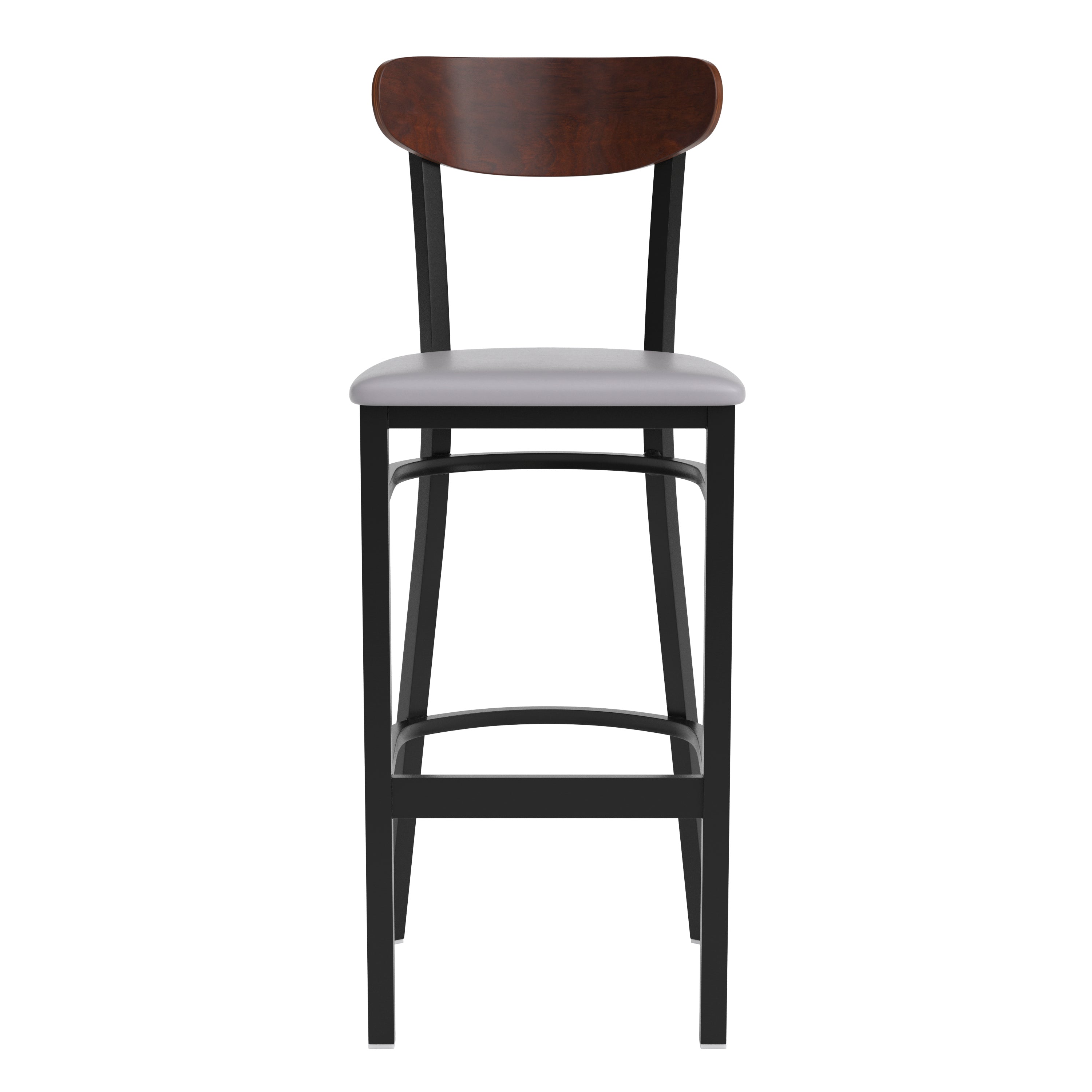 Wright Commercial Barstool with 500 LB. Capacity Black Steel Frame, Walnut Finish Wooden Boomerang Back, and Gray Vinyl Seat