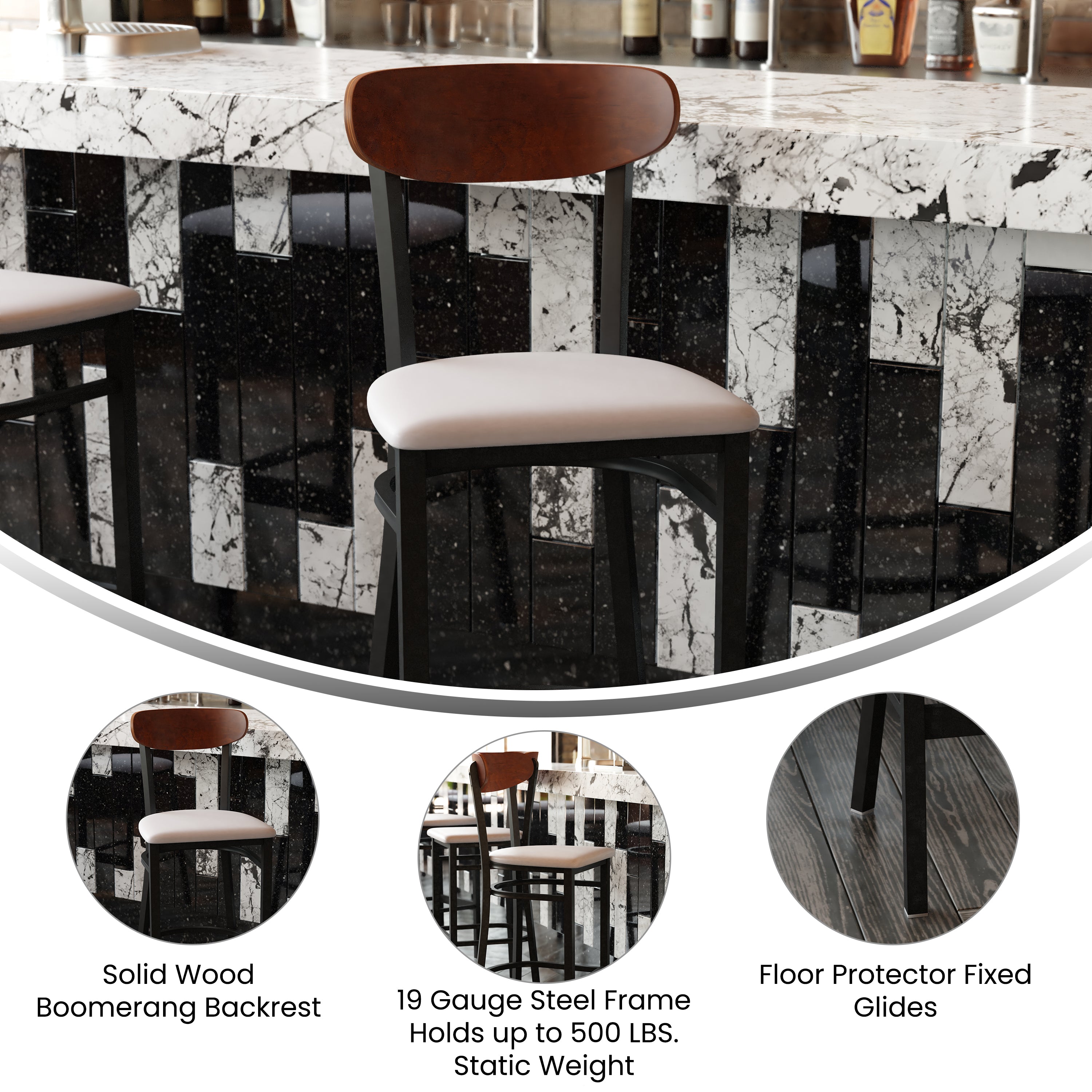 Wright Commercial Barstool with 500 LB. Capacity Black Steel Frame, Walnut Finish Wooden Boomerang Back, and Gray Vinyl Seat