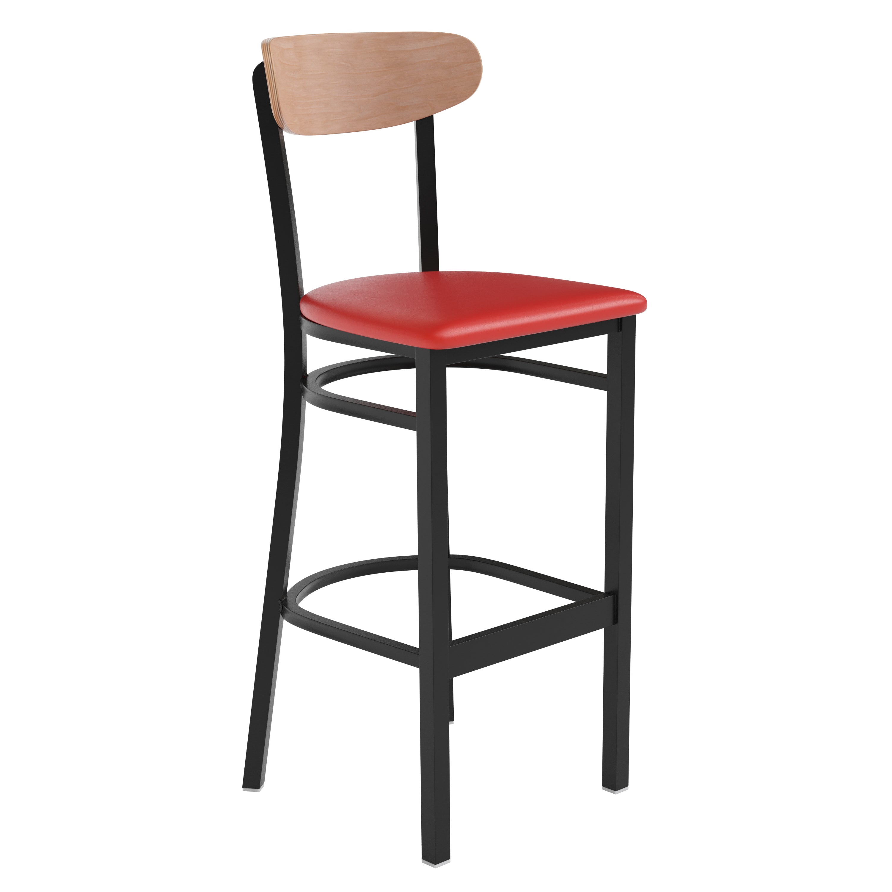 Wright Commercial Barstool with 500 LB. Capacity Black Steel Frame, Natural Birch Finish Wooden Boomerang Back, and Red Vinyl Seat