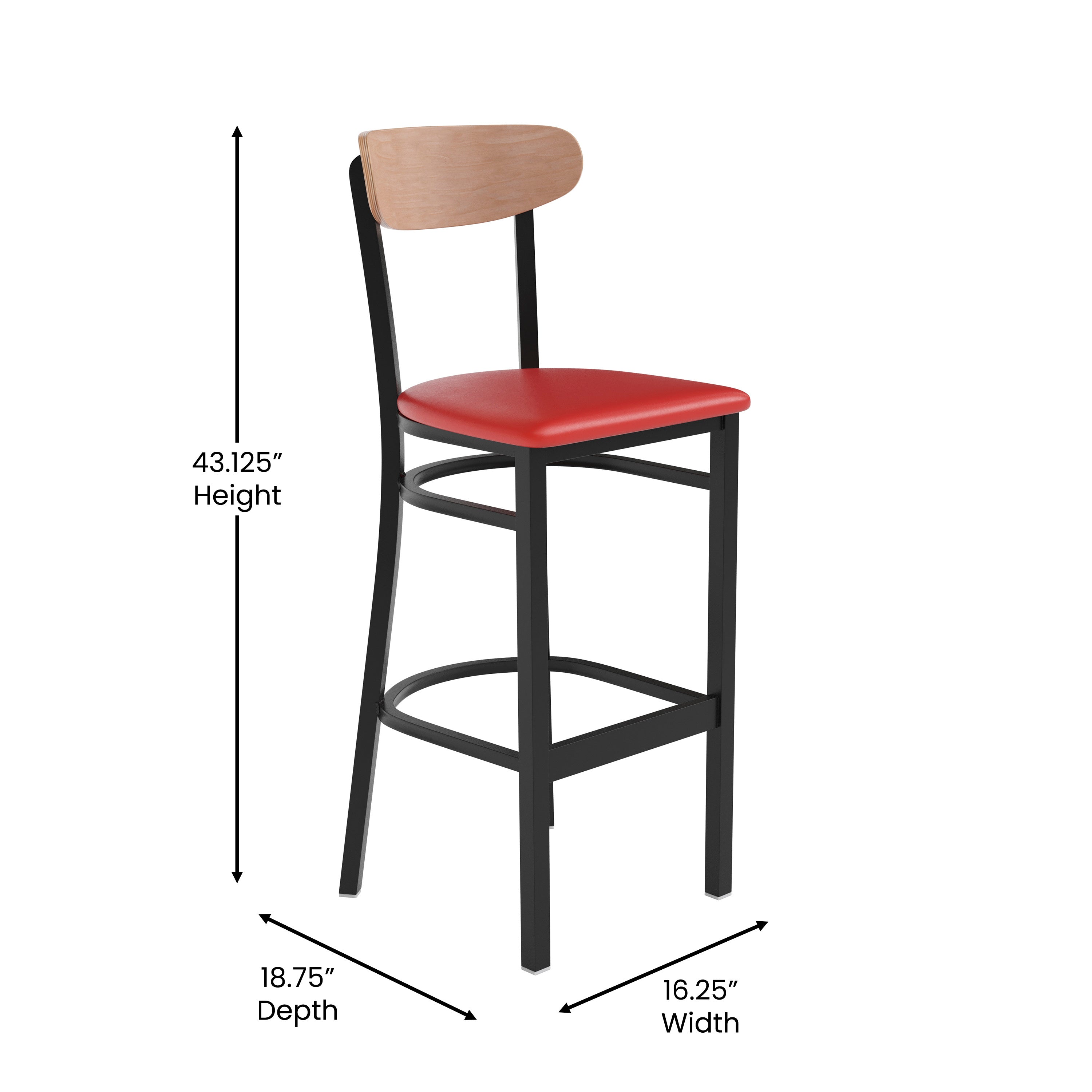 Wright Commercial Barstool with 500 LB. Capacity Black Steel Frame, Natural Birch Finish Wooden Boomerang Back, and Red Vinyl Seat