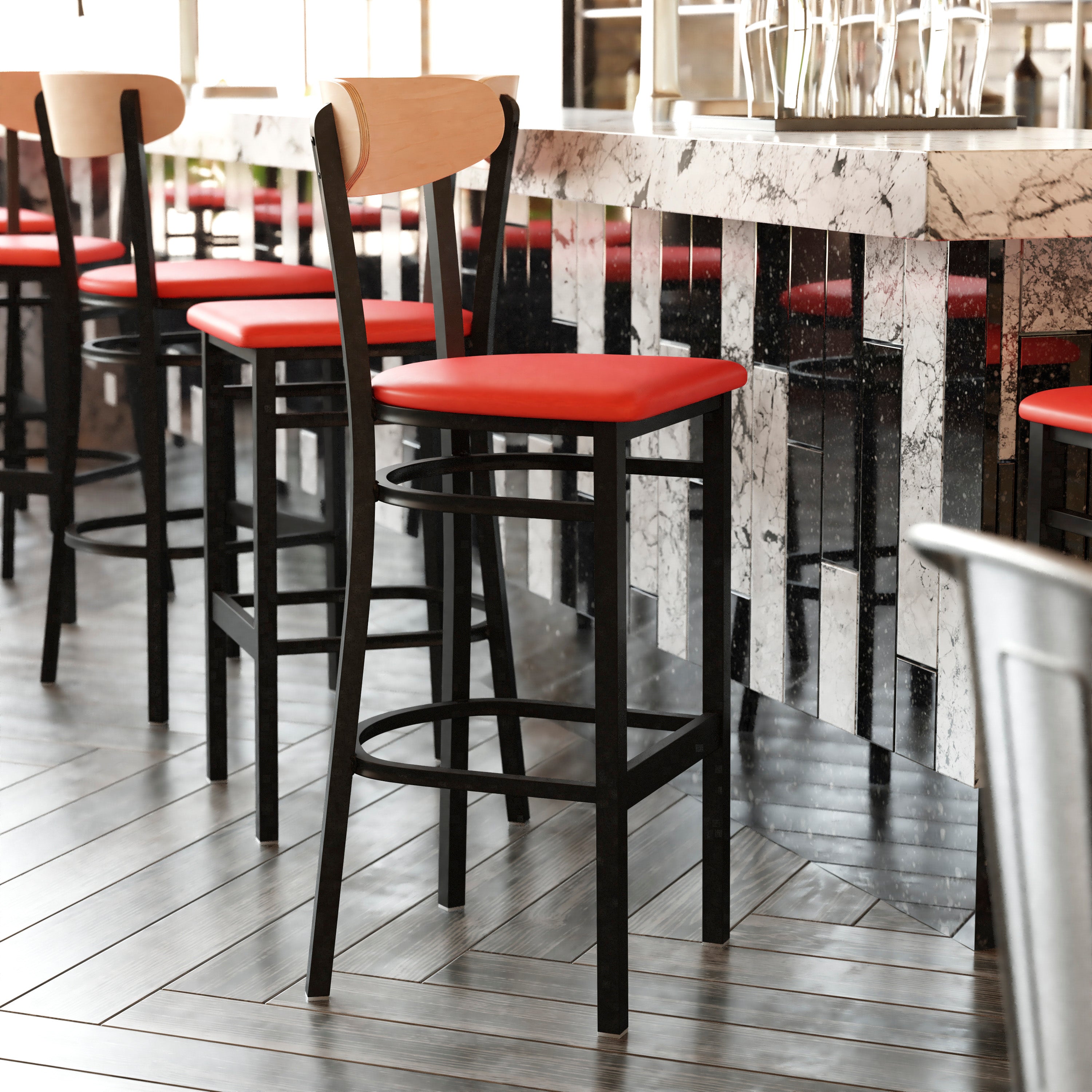 Wright Commercial Barstool with 500 LB. Capacity Black Steel Frame, Natural Birch Finish Wooden Boomerang Back, and Red Vinyl Seat