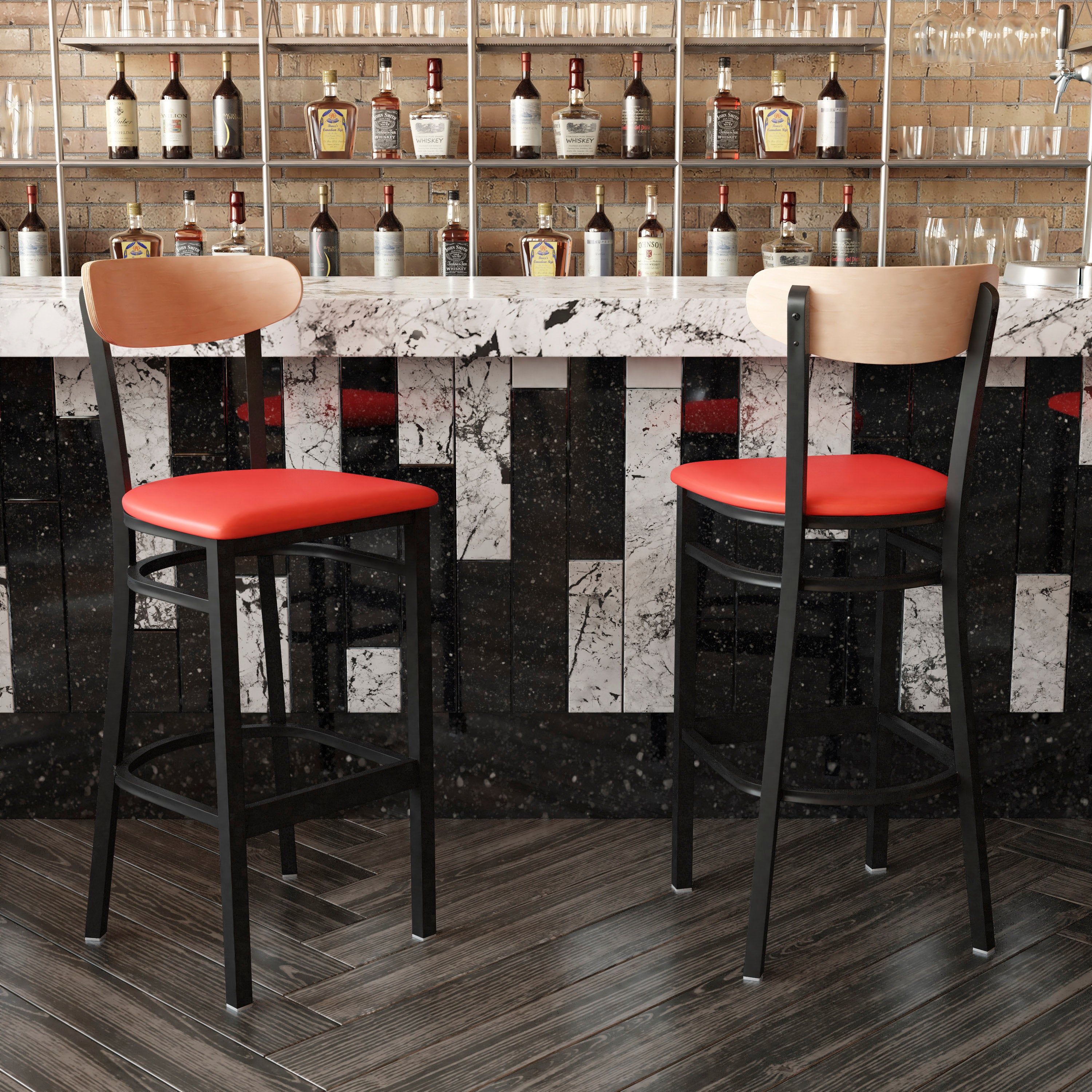 Wright Commercial Barstool with 500 LB. Capacity Black Steel Frame, Natural Birch Finish Wooden Boomerang Back, and Red Vinyl Seat