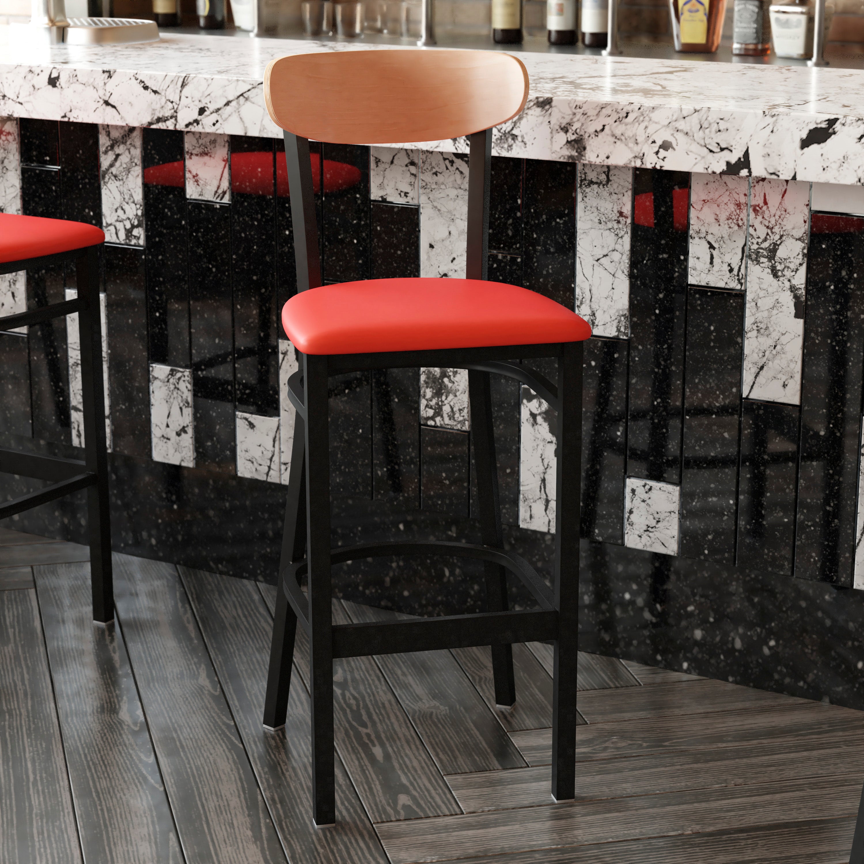 Wright Commercial Barstool with 500 LB. Capacity Black Steel Frame, Natural Birch Finish Wooden Boomerang Back, and Red Vinyl Seat