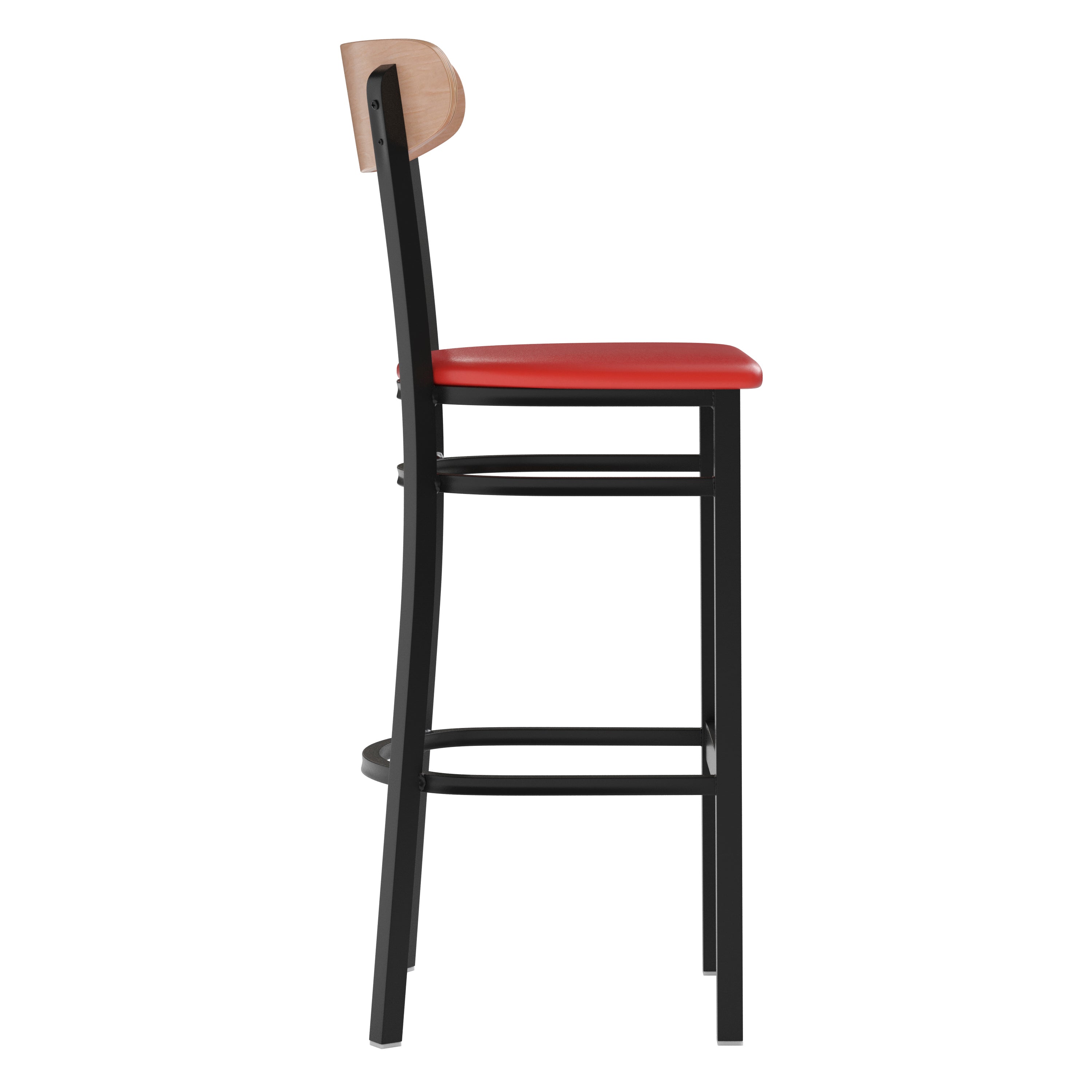 Wright Commercial Barstool with 500 LB. Capacity Black Steel Frame, Natural Birch Finish Wooden Boomerang Back, and Red Vinyl Seat