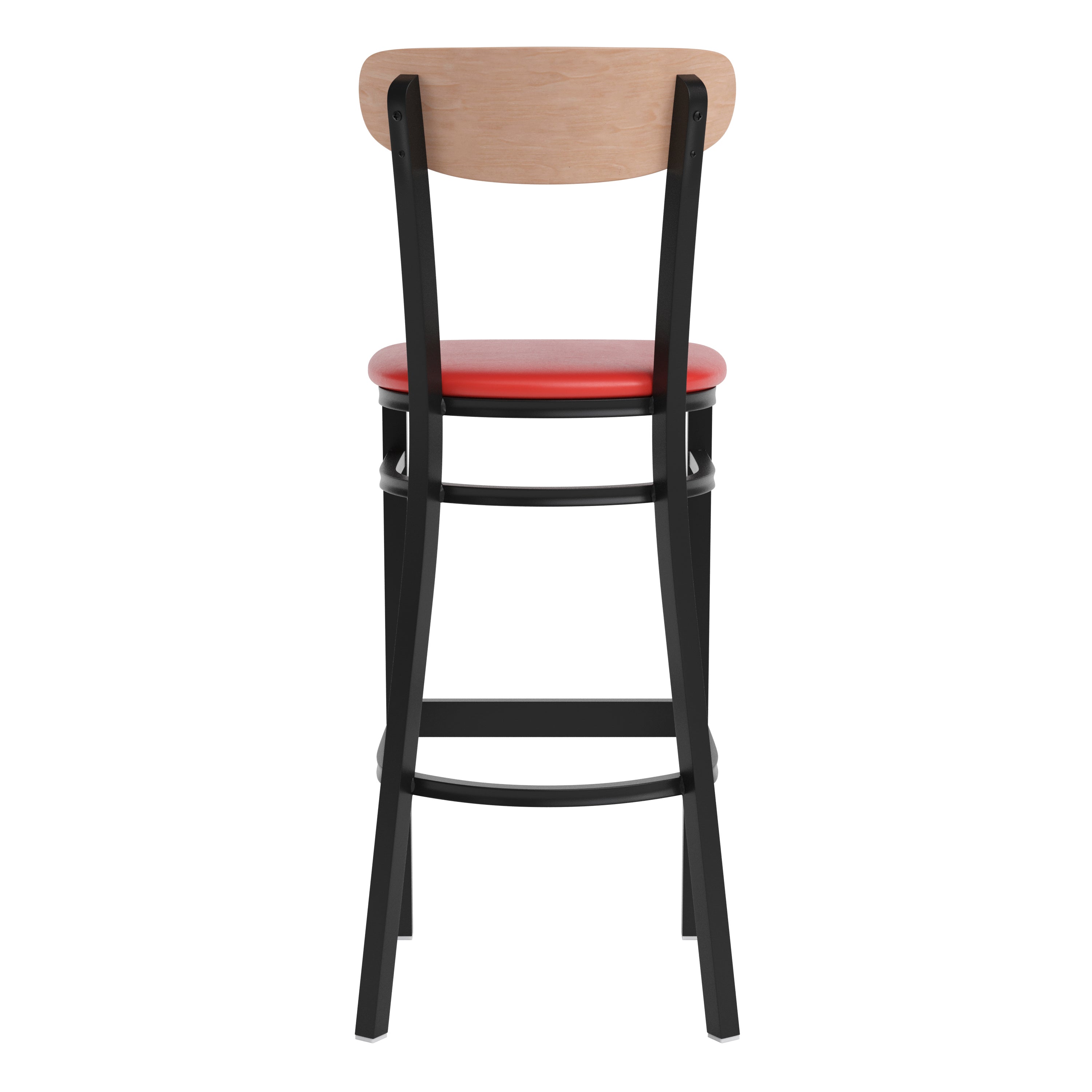 Wright Commercial Barstool with 500 LB. Capacity Black Steel Frame, Natural Birch Finish Wooden Boomerang Back, and Red Vinyl Seat