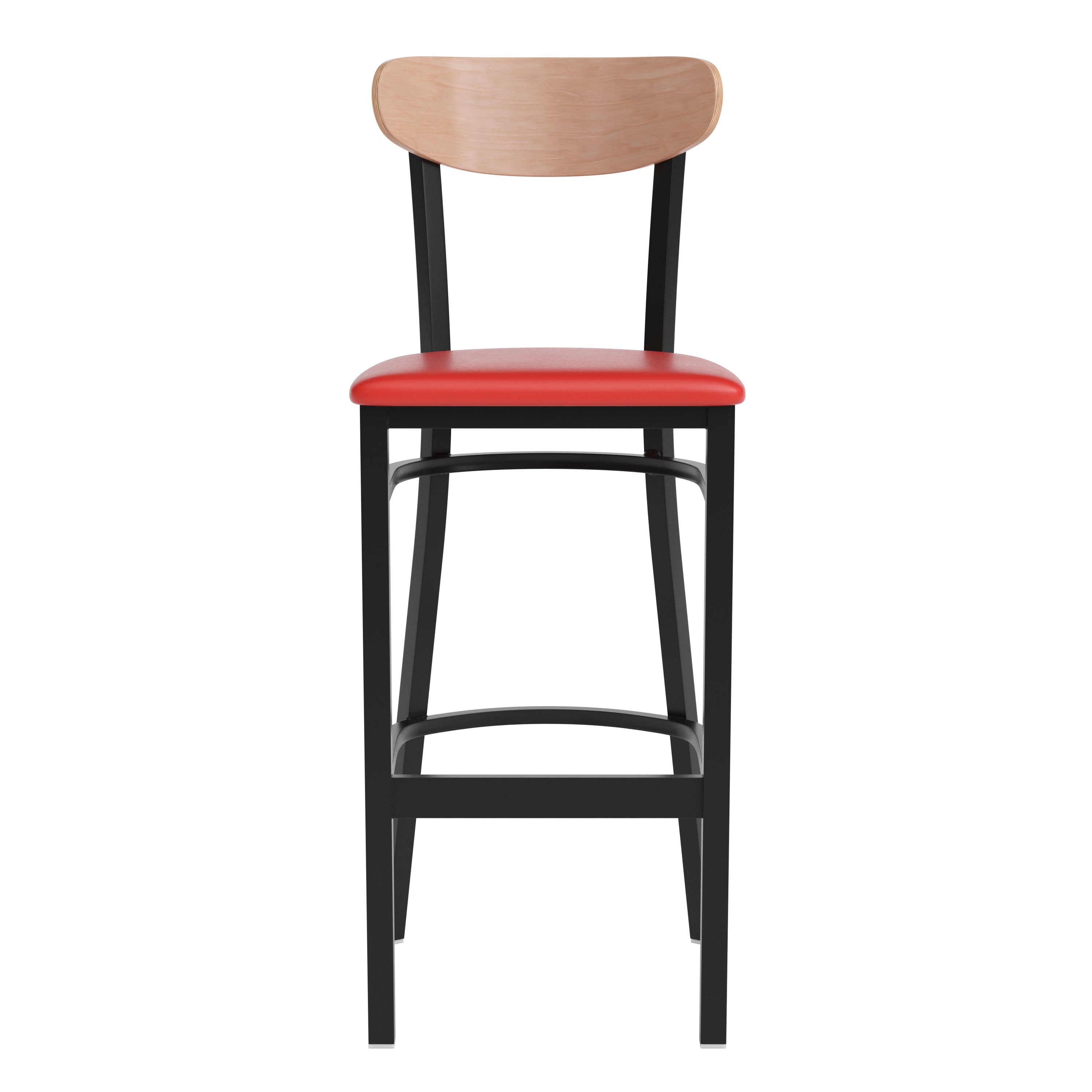 Wright Commercial Barstool with 500 LB. Capacity Black Steel Frame, Natural Birch Finish Wooden Boomerang Back, and Red Vinyl Seat
