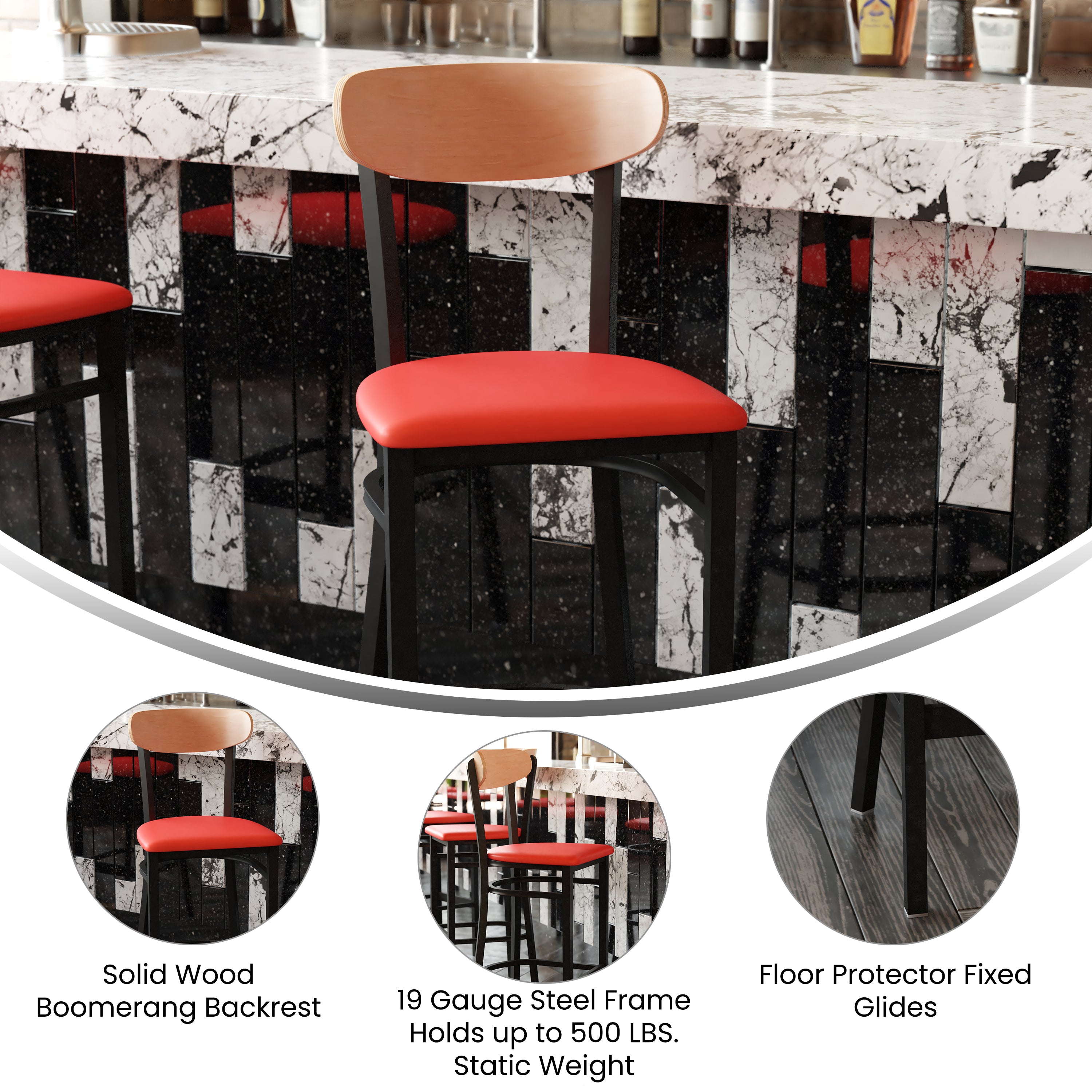 Wright Commercial Barstool with 500 LB. Capacity Black Steel Frame, Natural Birch Finish Wooden Boomerang Back, and Red Vinyl Seat
