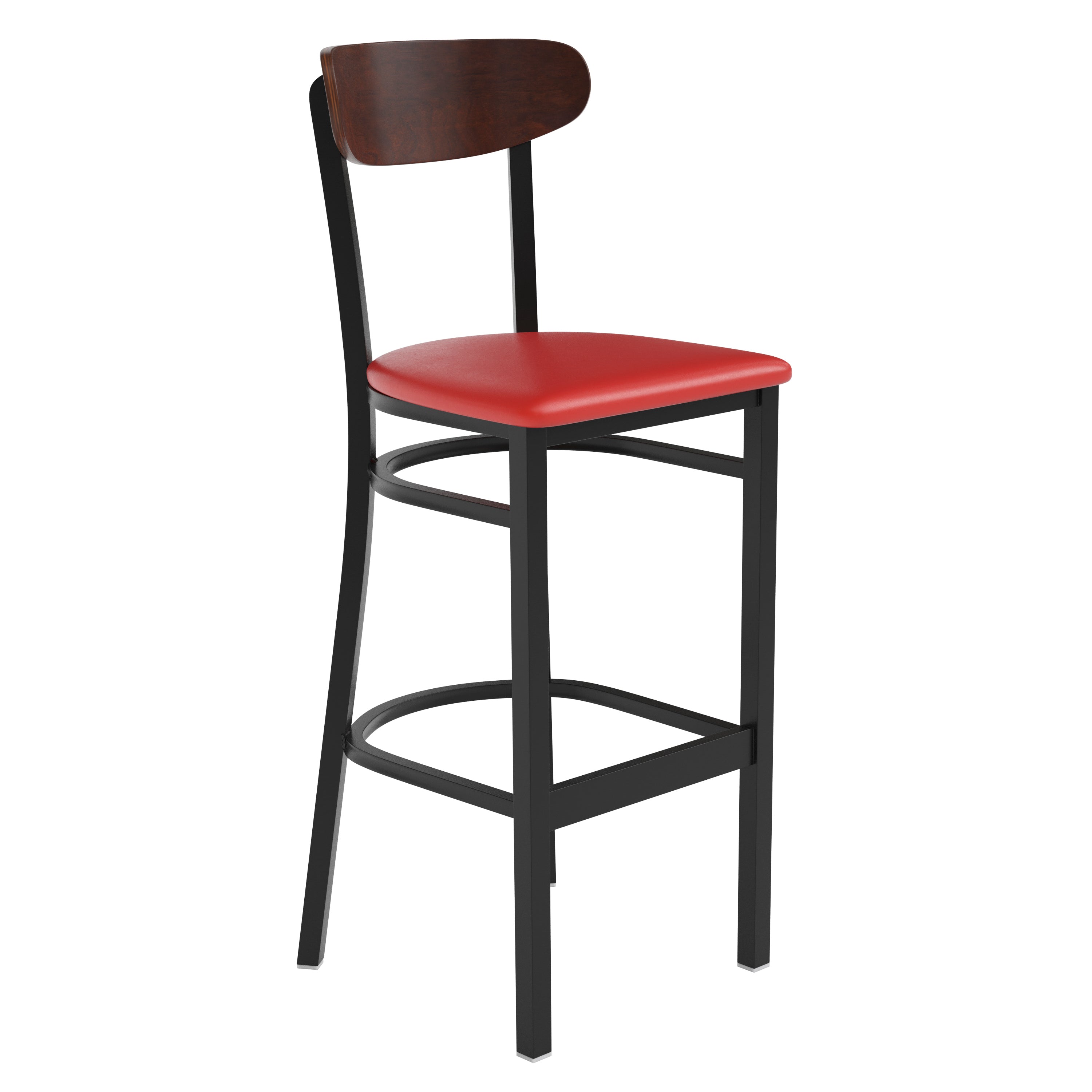Wright Commercial Barstool with 500 LB. Capacity Black Steel Frame, Walnut Finish Wooden Boomerang Back, and Red Vinyl Seat