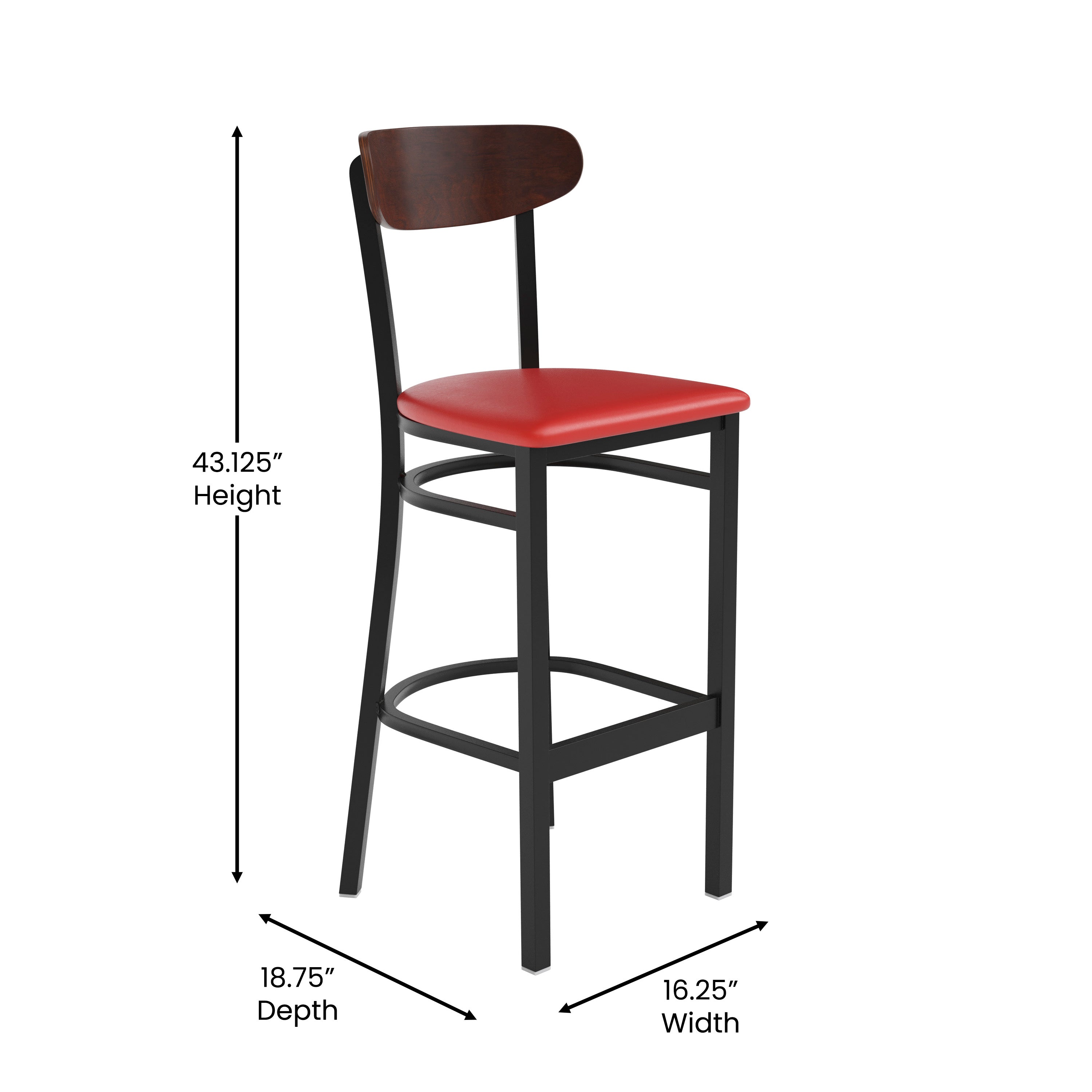 Wright Commercial Barstool with 500 LB. Capacity Black Steel Frame, Walnut Finish Wooden Boomerang Back, and Red Vinyl Seat